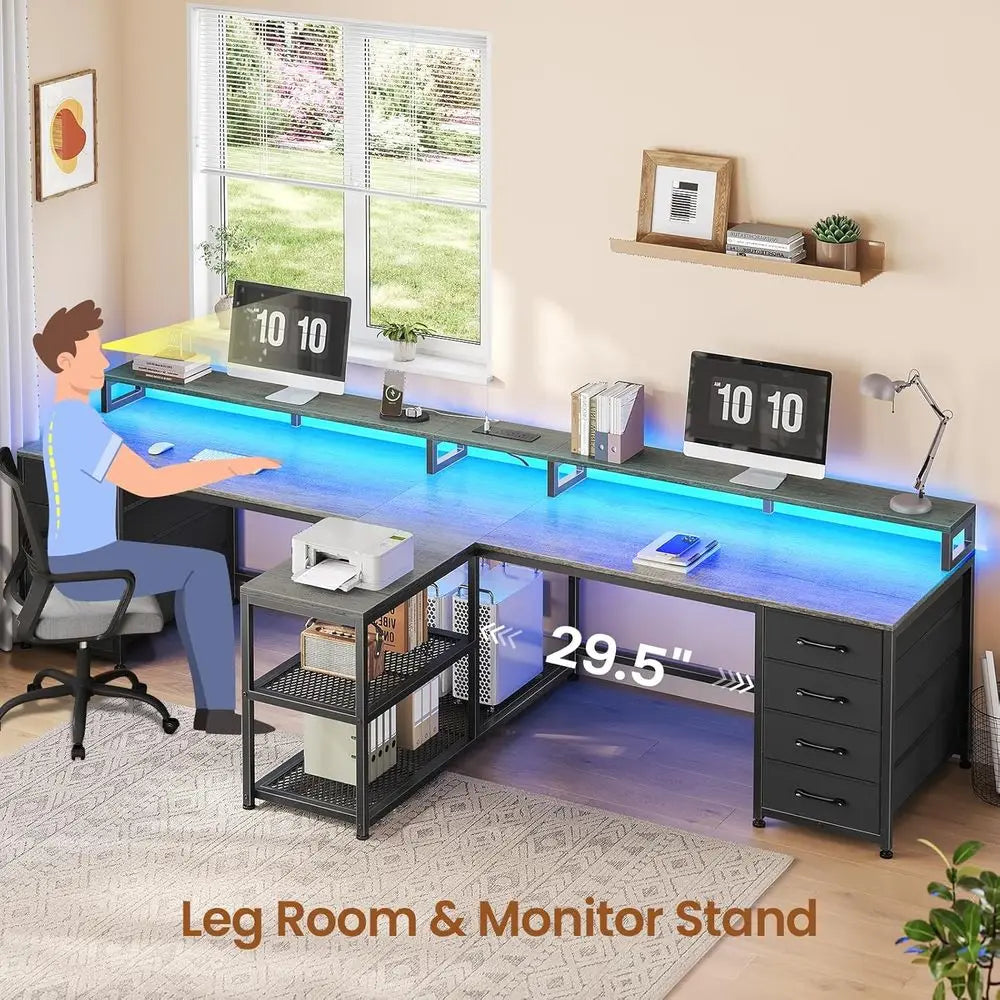 Two Person Gaming Desk with Drawers LED Lights Power Strip