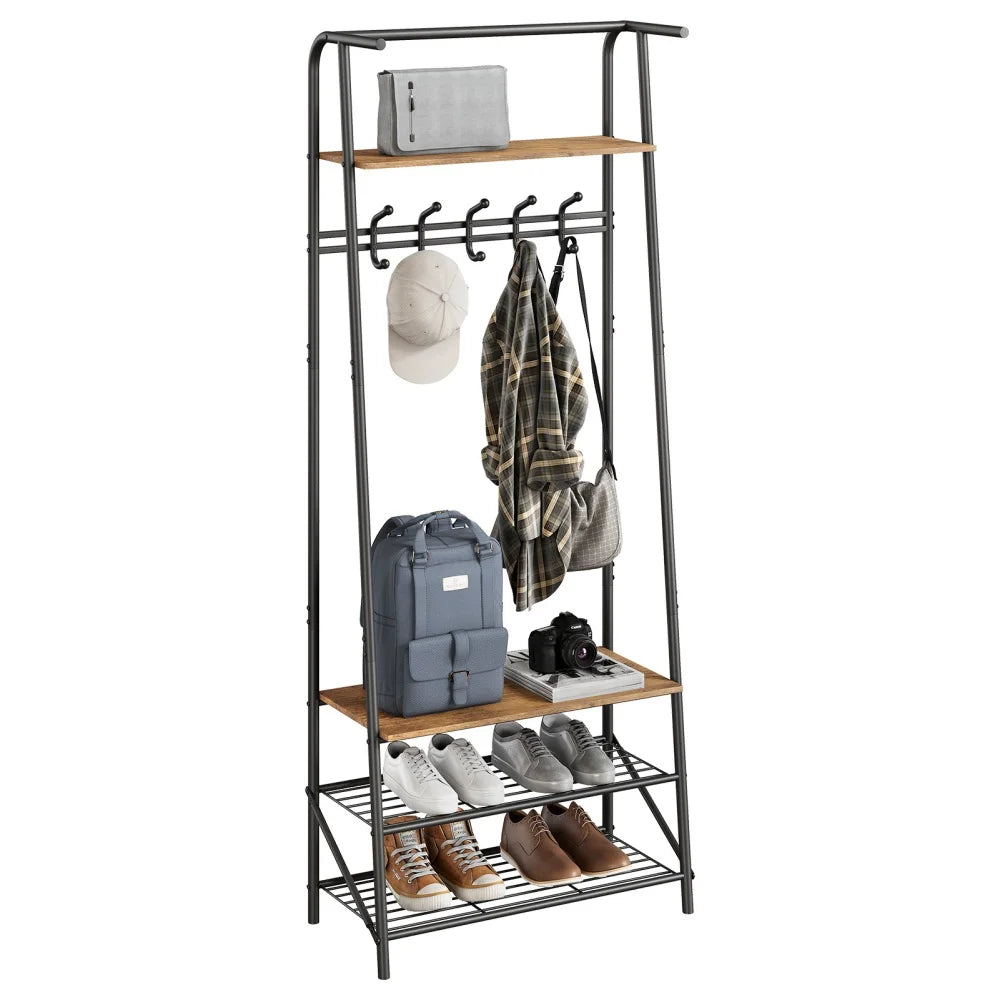 Coat Rack Hallway Tree With Shoe Storage Bench 4-In-1 Entryway Hallway Tree With Hooks Steel Frame Storage Shelf