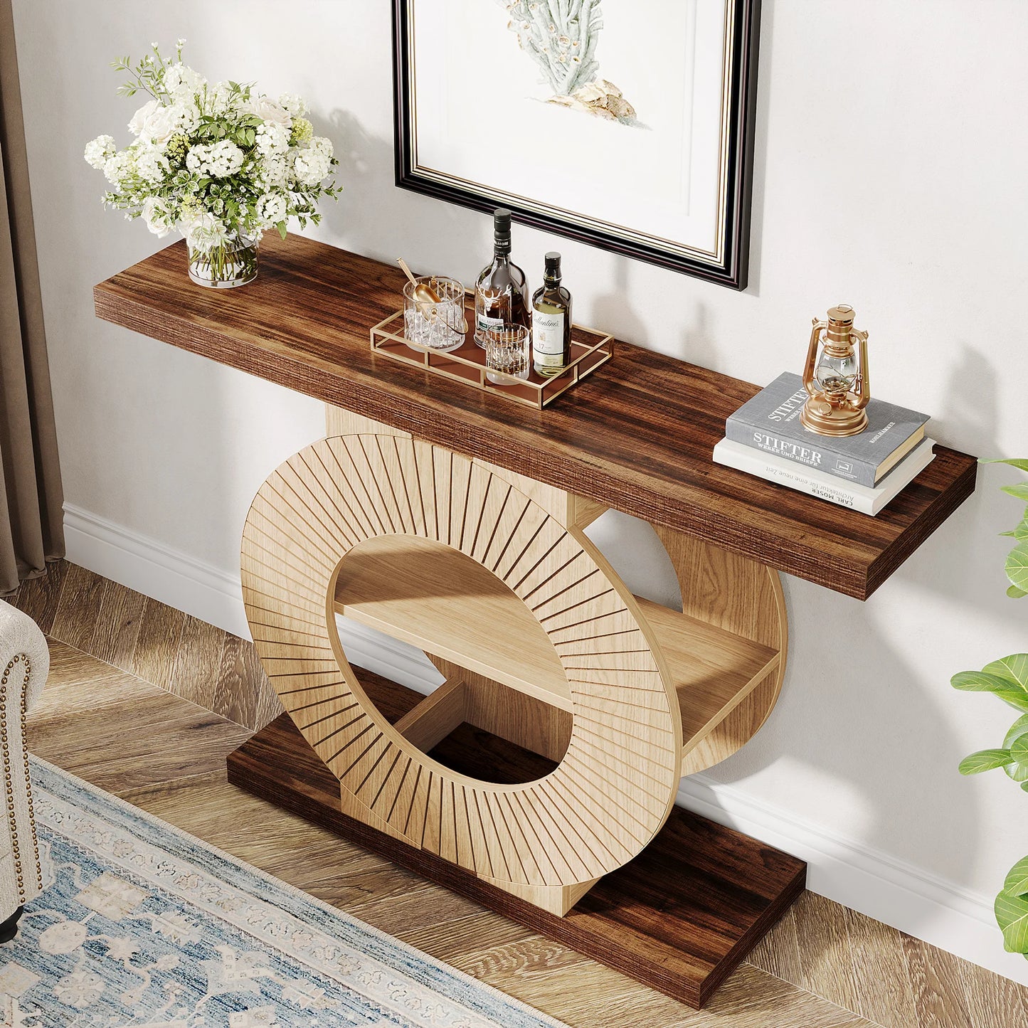 Tribesigns Modern Console Table With Storage Shelves And Round Base