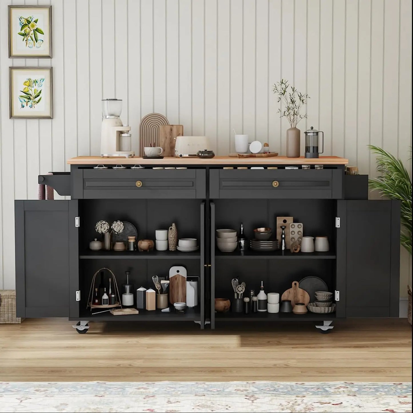 Movable Kitchen Island With Drop Leaf And Power Outlet Lockable