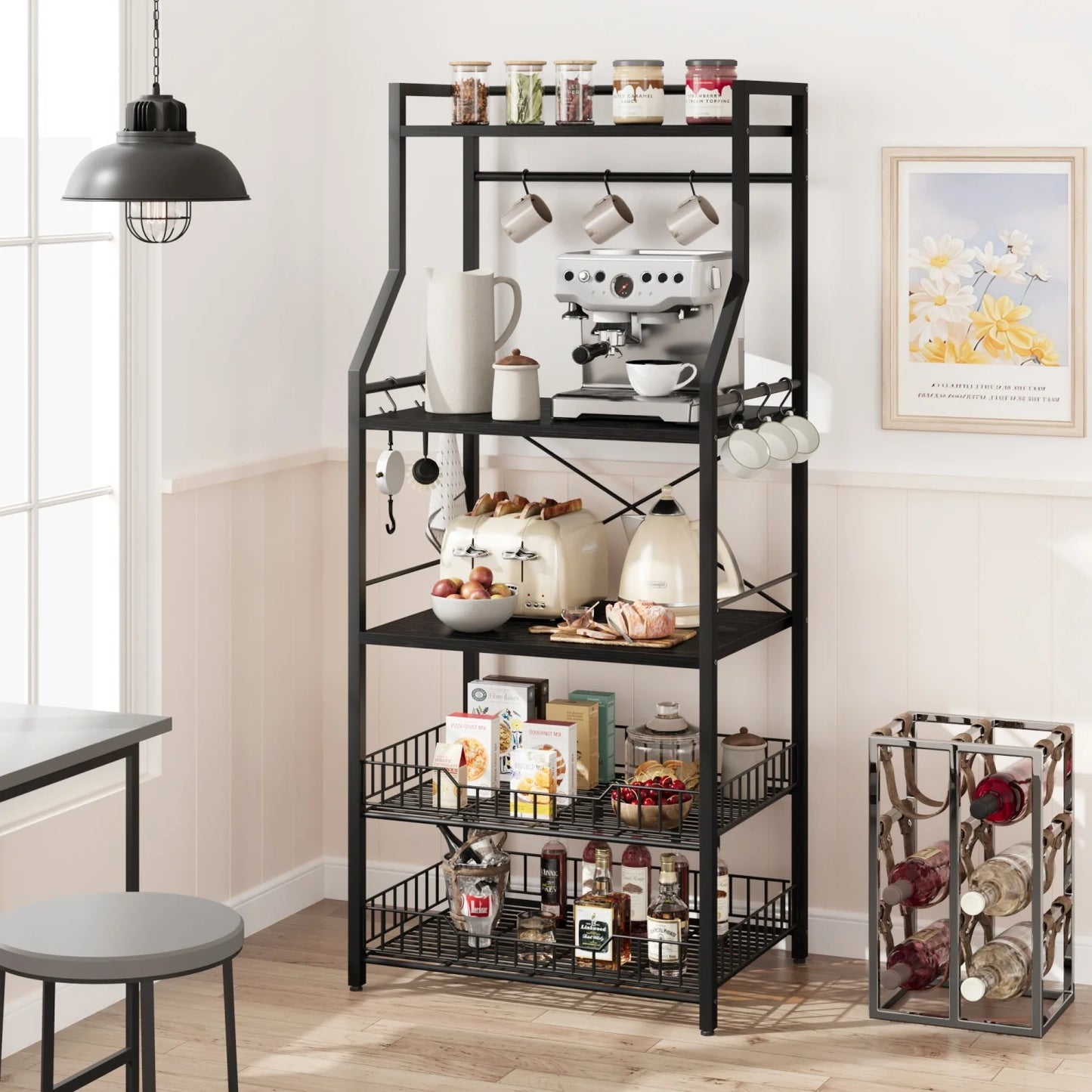 Kitchen Bakers Rack Microwave Oven Stand with 2 Large Wire Basket Industrial Coffee Bar Station