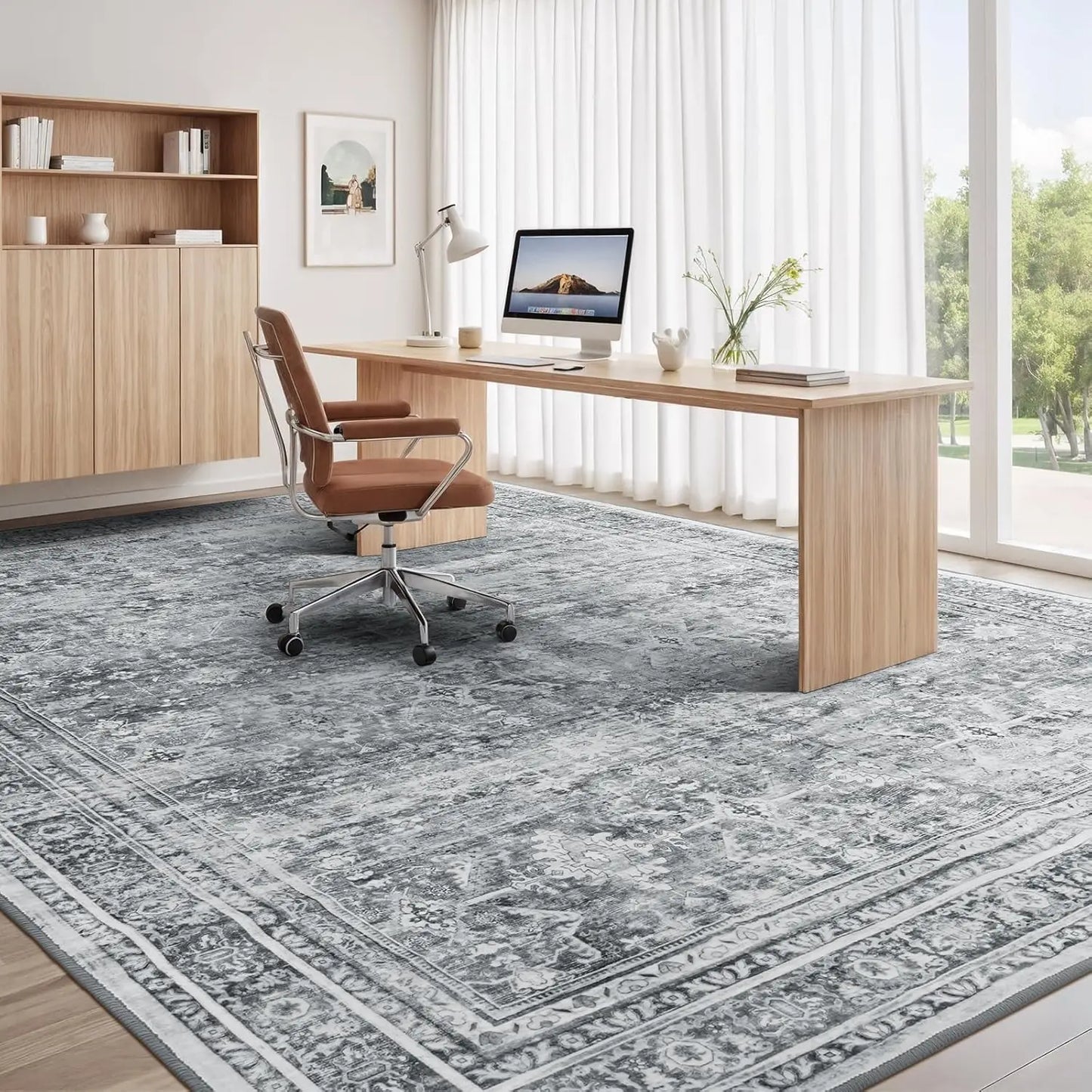 Soft Floral Wool Silk Washable Area Rug With Non-Slip Backing