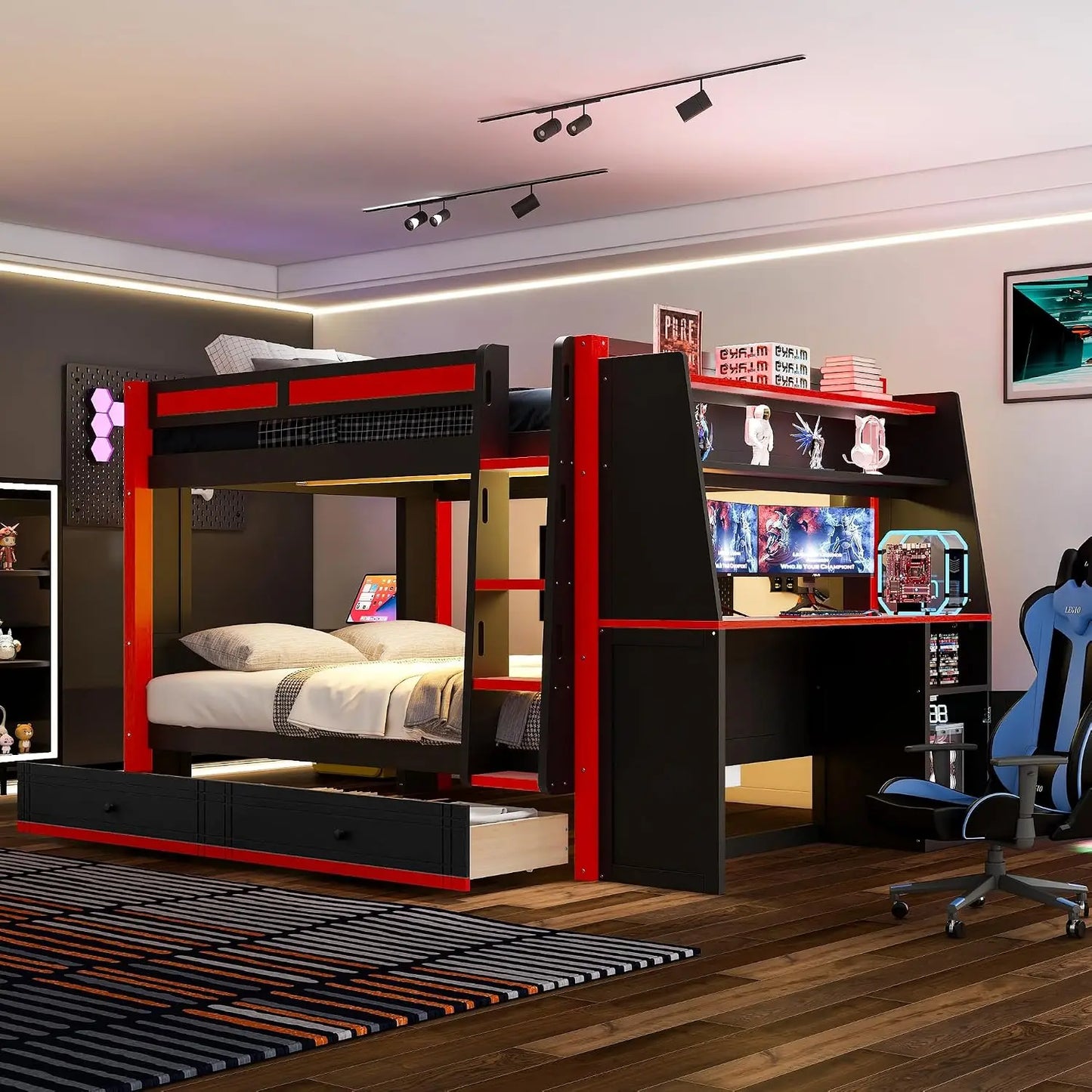 Full Over Full Multifunctional Bunk Bed with Desk and Bookshelves, Drawers, Space-Saving Wooden Bunk Bed for Kids &, Customized