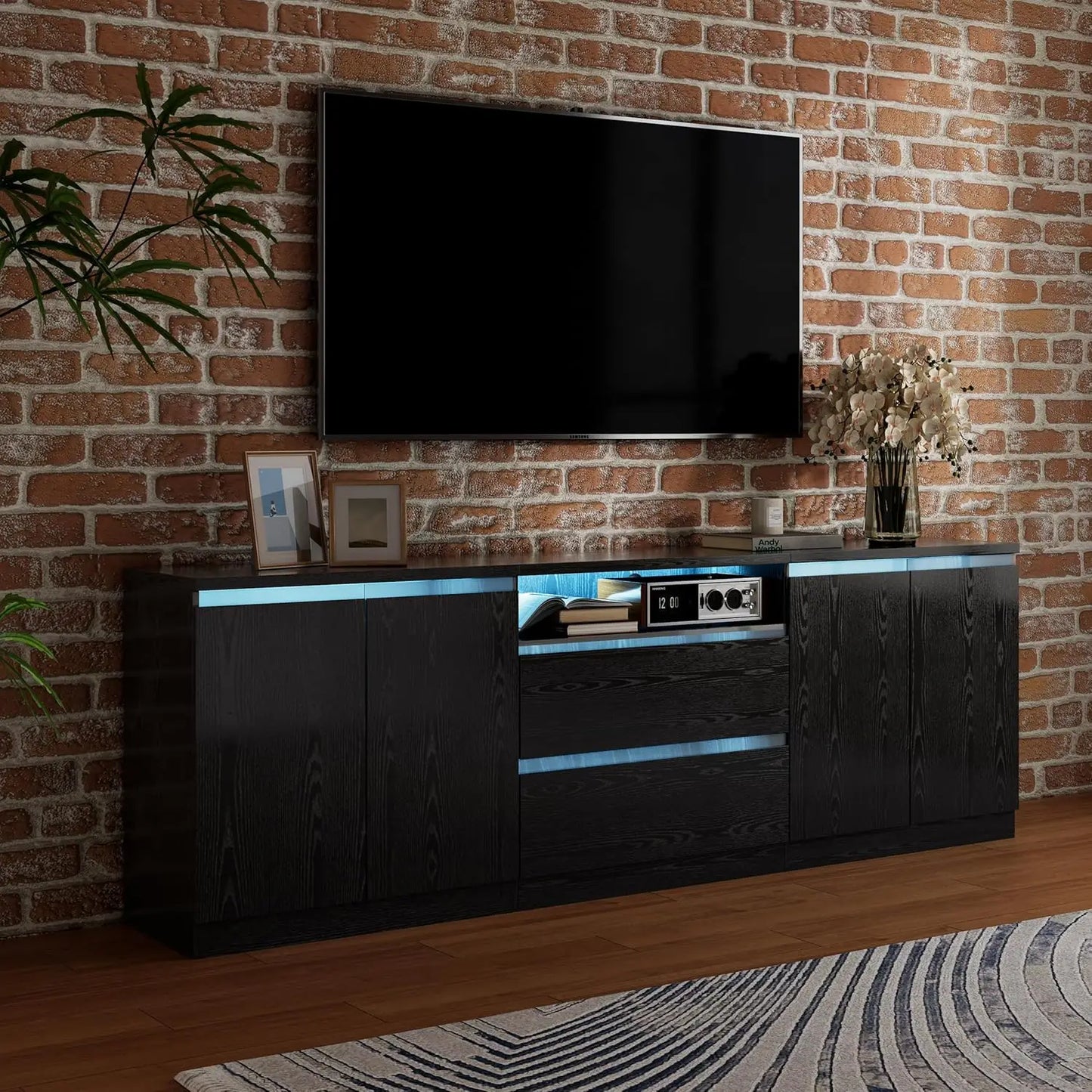 Farmhouse TV Stand for TVs up to 100", Modern Entertainment Center with 2 Cabinets and 3-Tier Open Shelves, Rustic, Customized
