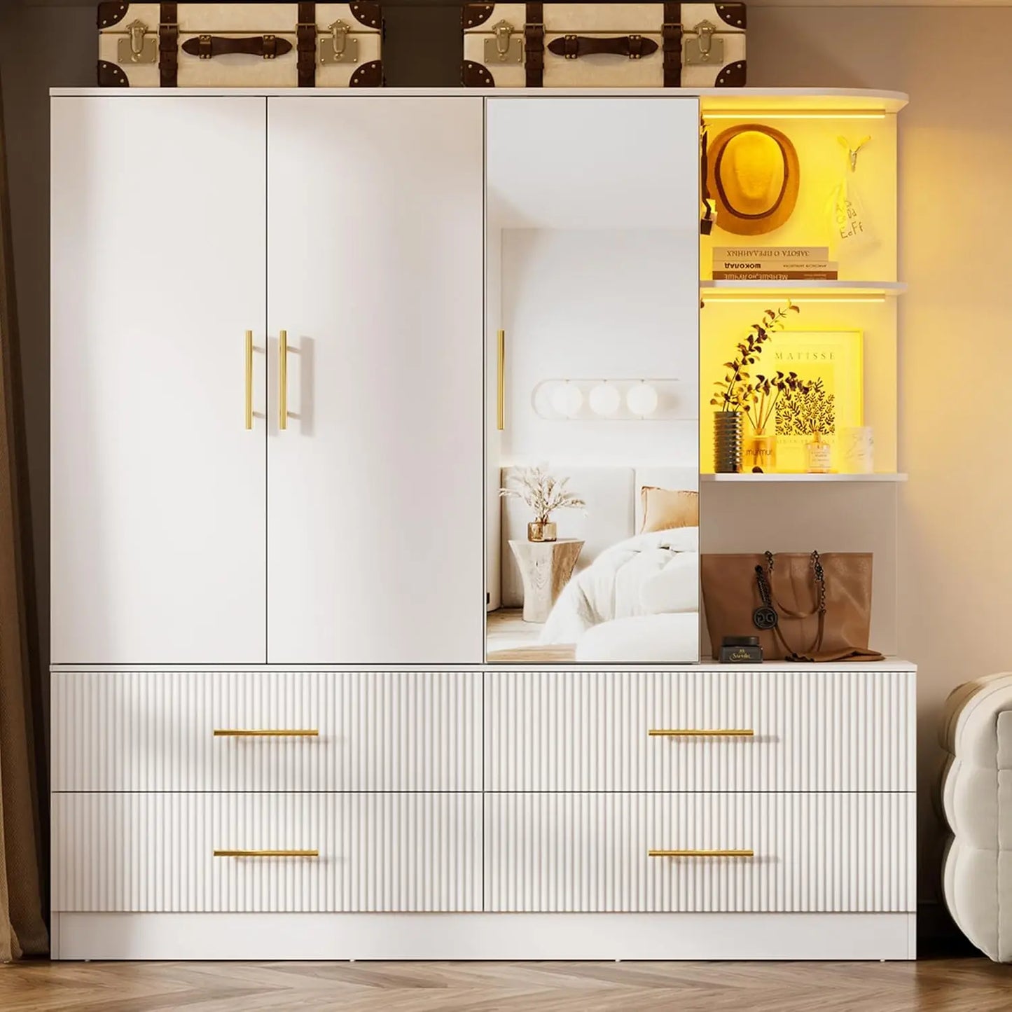 Minimalist Wardrobe Armoire With Mirror Hanging Rod Drawers