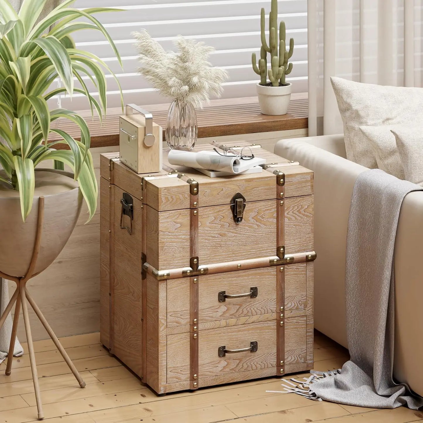 MOYU Vintage Storage Chest Buckle Hinged Top Wood End Table