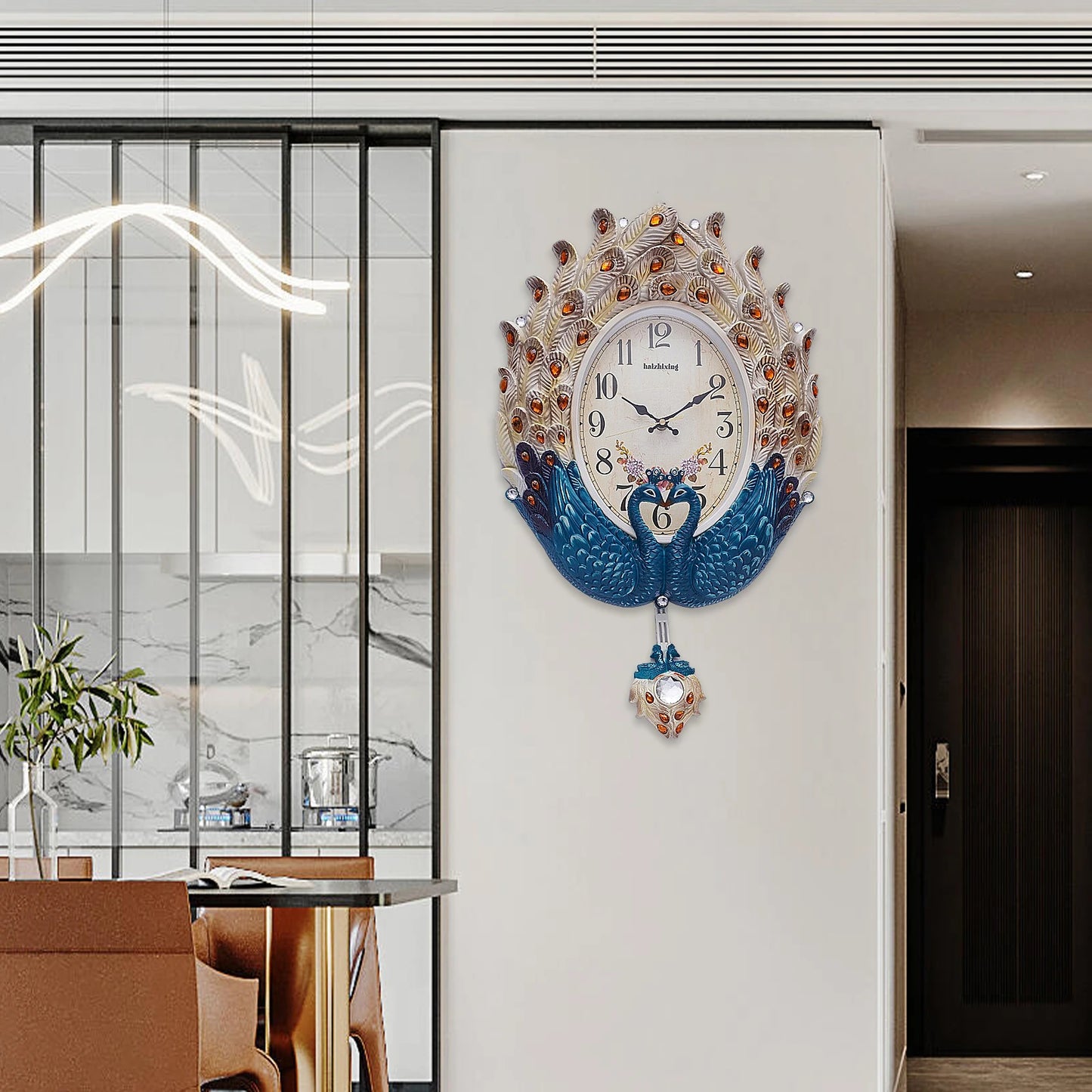 Blue Peacock Modern Wall Clock Silent Metal Pendulum Crystal Luxury
