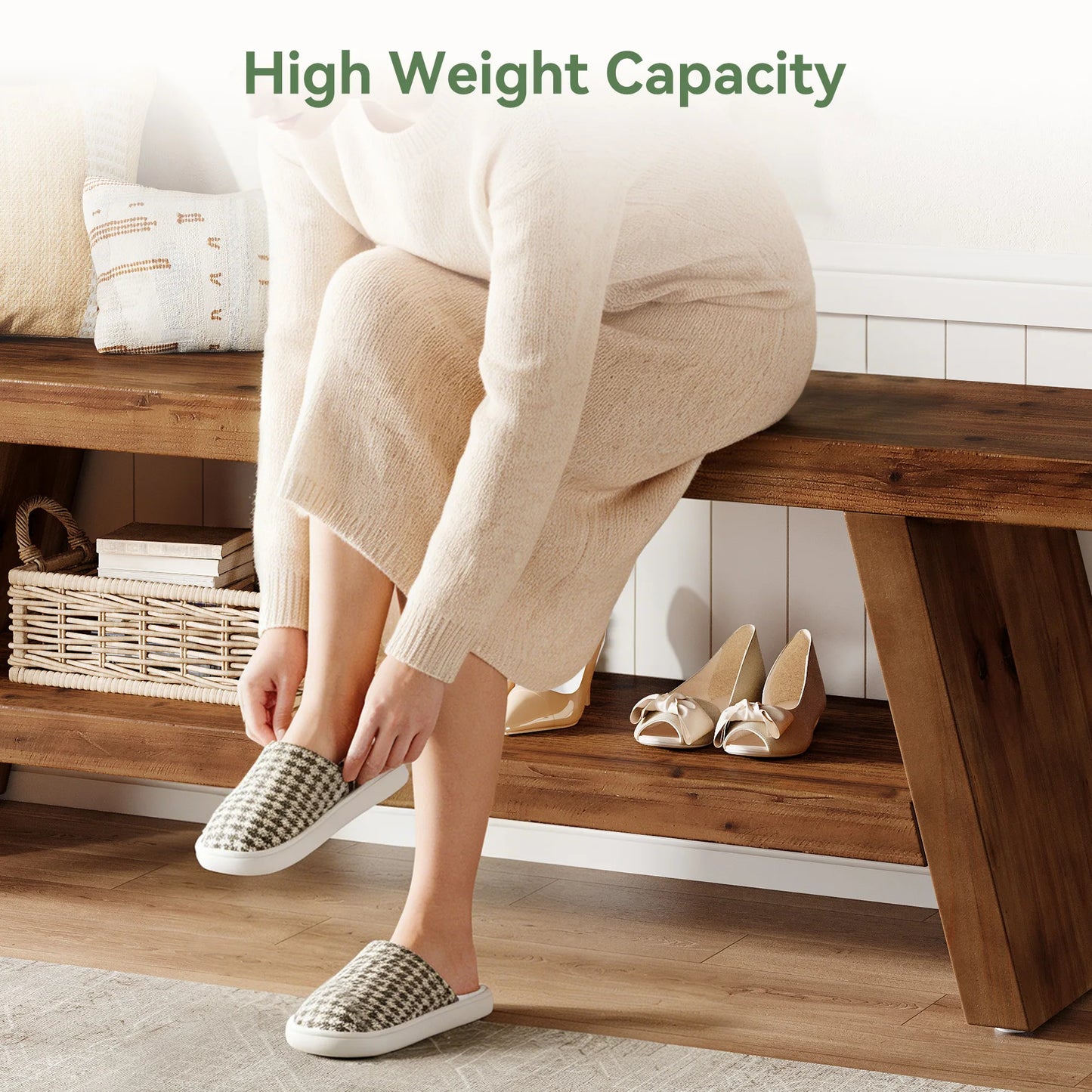 Tribesigns Two Tier Solid Wood Entryway Storage Bench