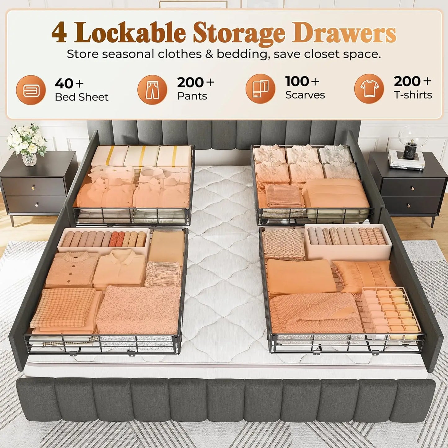 Bed Frame King Size with Upholstered Headboard & Charging Station, King Bed Frame with 4 Storage Drawers, 2-Tier Open Shelves, N