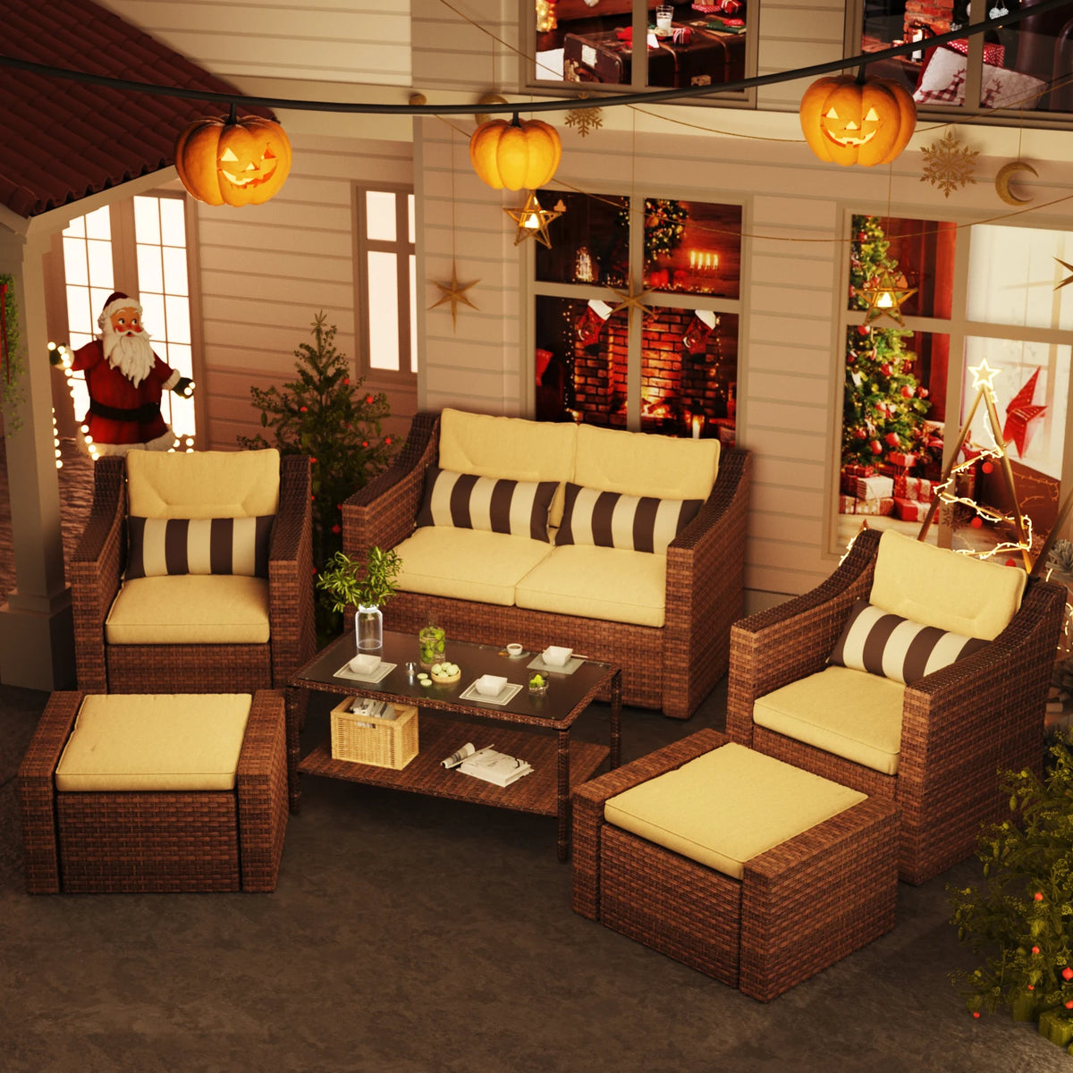 6-Piece Outdoor Patio Furniture Set, Brown PE Rattan Wicker Sectional Conversation Sofa with Cushions & Glass Coffee Table, Weather Resistant Modular Patio Furniture Set for Backyard Porch Garden – Outdoor Furniture, Patio