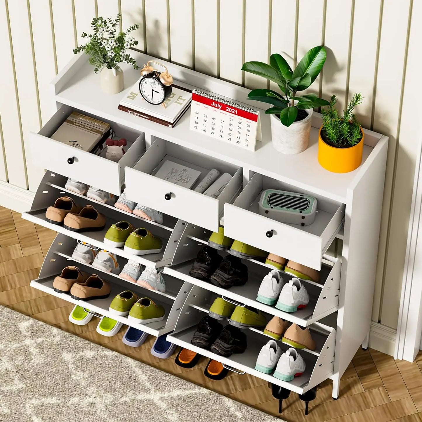 Metal Shoe Cabinet With 4 Flip Drawers And Top Drawers