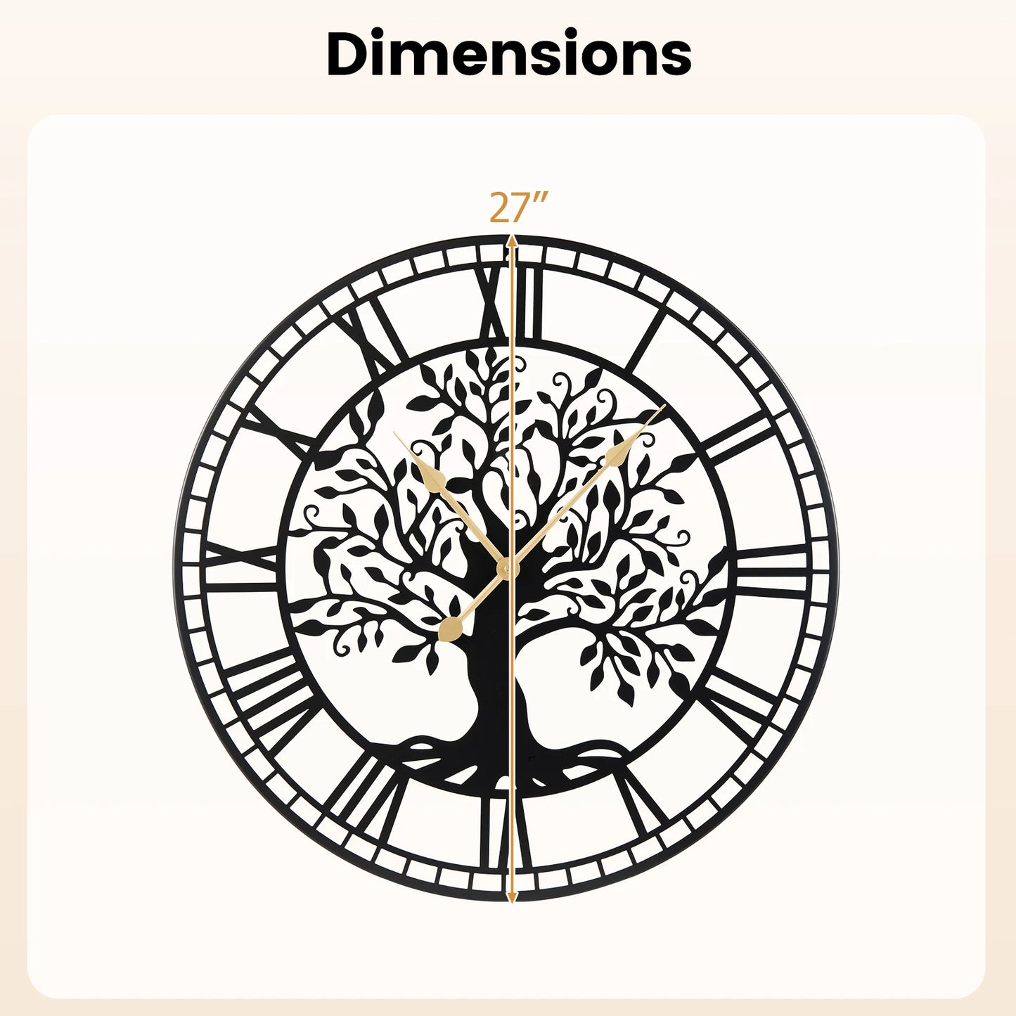 Large Wall Clock, 27” Tree of Life Big Metal Clock, Non-Ticking Decorative Clock