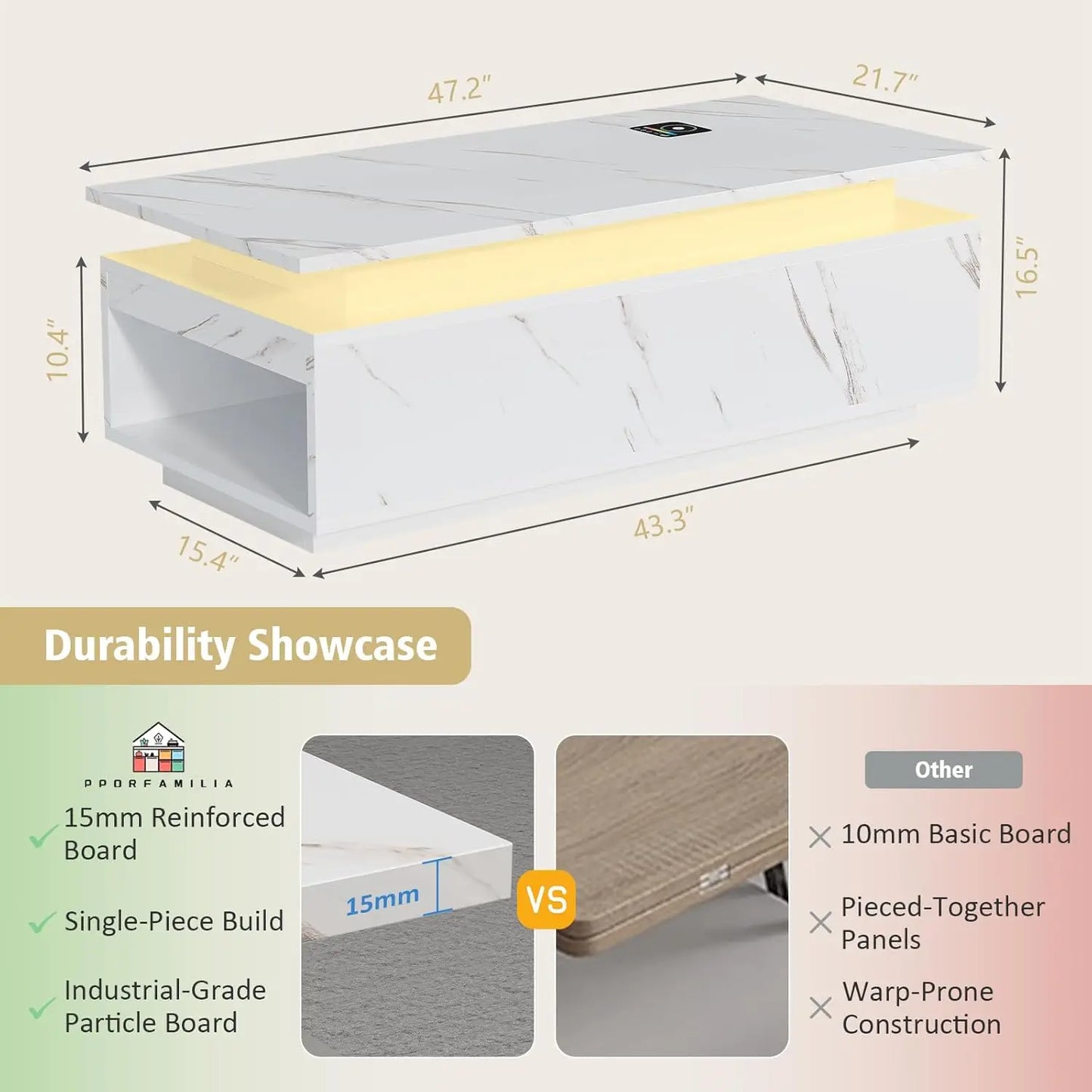 LED Coffee Table With Wireless Charging And Bluetooth Speaker Storage