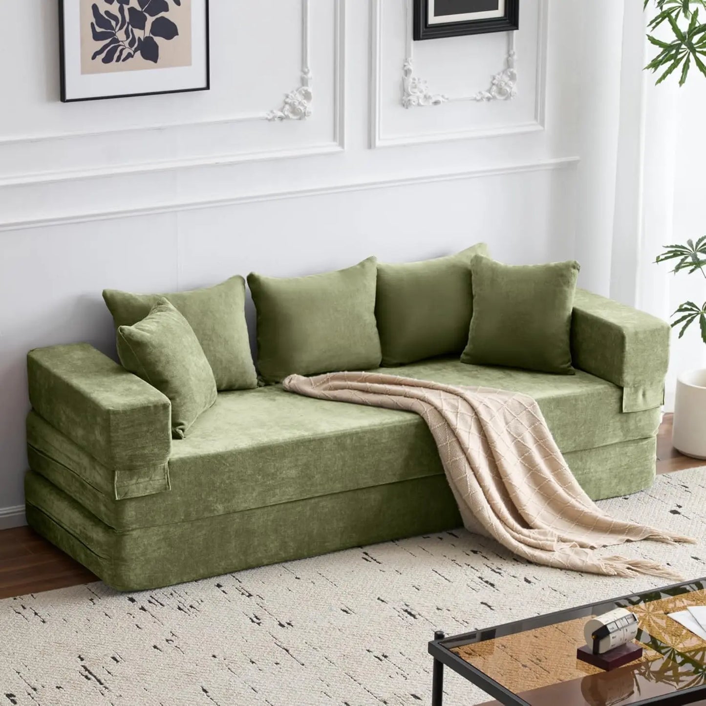 Queen Size 4-in-1 Convertible Sofa Bed - Chenille Fold out Sleeper Couch with Armrest And Pillows - Floor Chaise Lounge