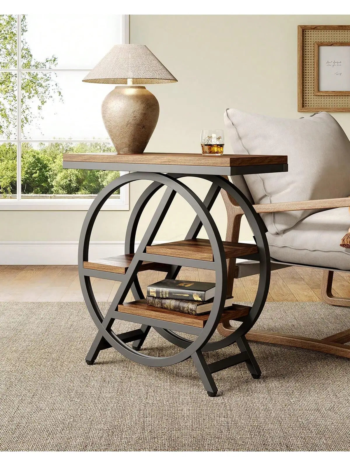 4-Tier End Table For Living Room, Narrow Side Table With Storage, Wood Sofa Side With Metal Frame, Industrial