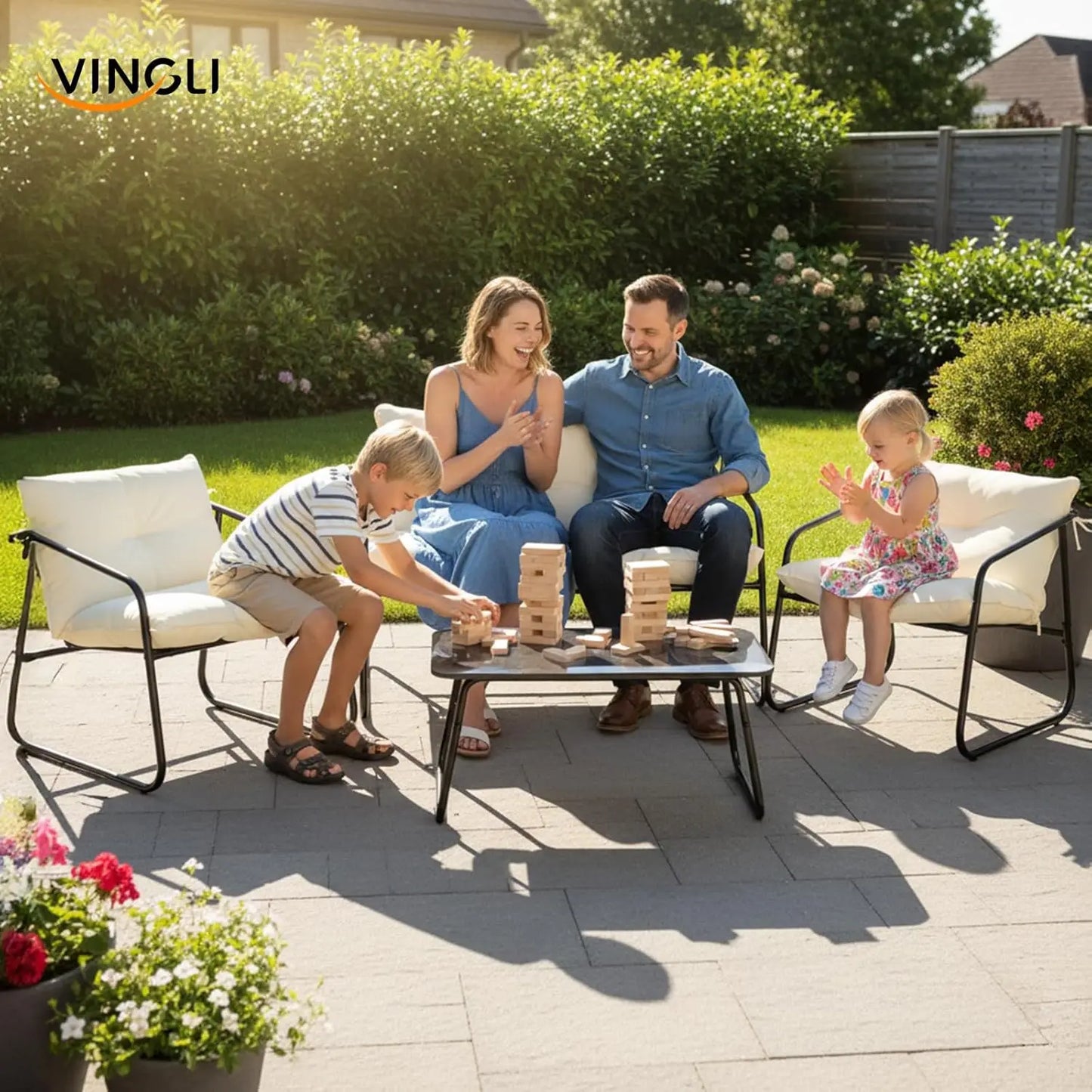 4 Piece Patio Conversation Set Outdoor All Weather Coffee Table Cushions