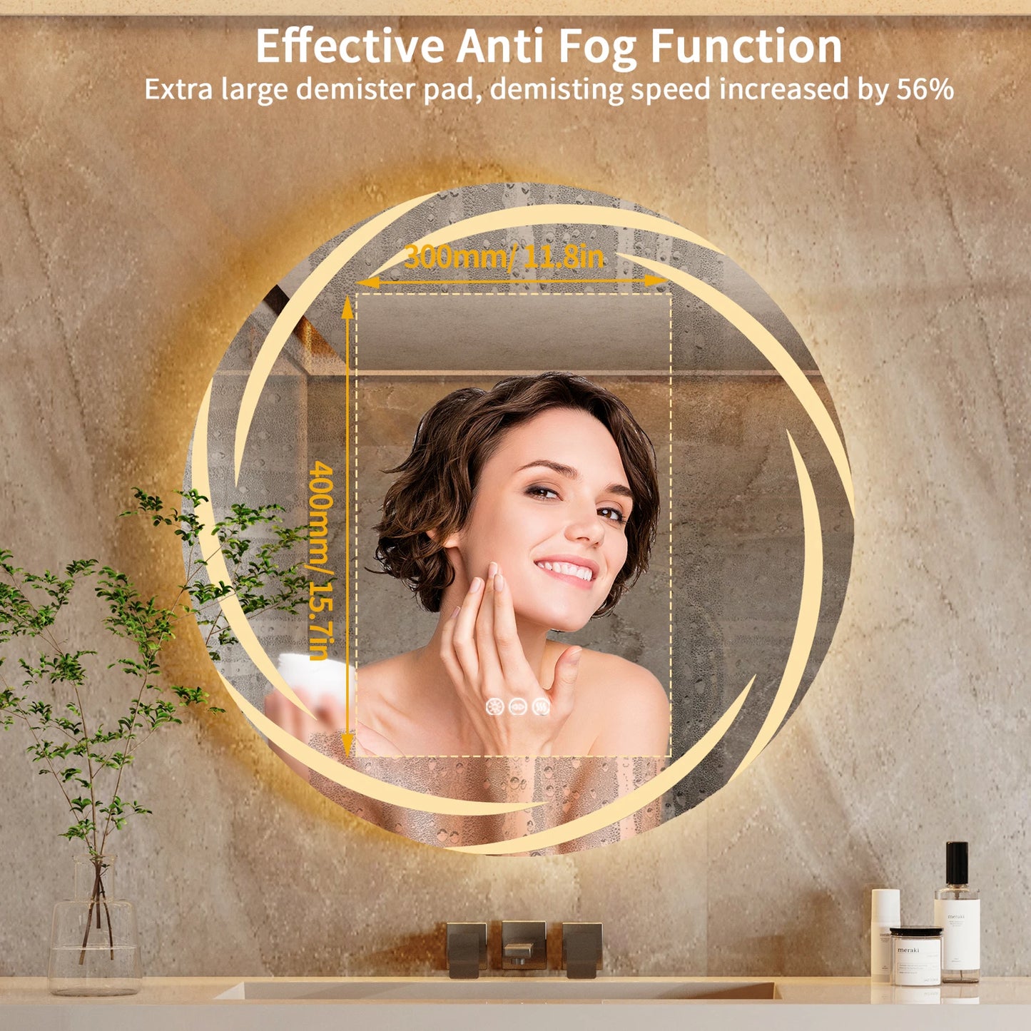 Anti Fog LED Round Bathroom Mirror Shatterproof Three Color Lights