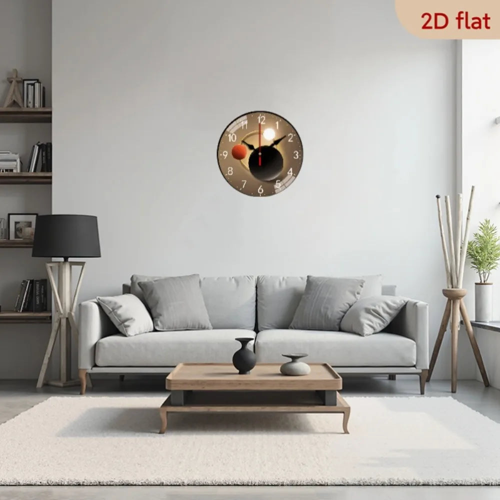 1pc 2D Planar Geometric Lamp Silent Round Wall Clock | Wooden Frame, Wall-Mounted, Wooden Quartz Design, Suitable for Indoor and