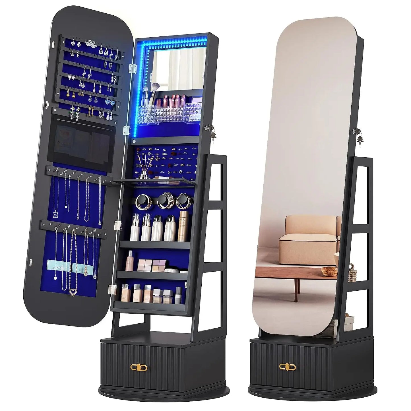360°Swivel jewelry organizer with Full Length Mirror with Lights,Jewelry Armoires Cabinet Standing with Drawer,Large, Custom
