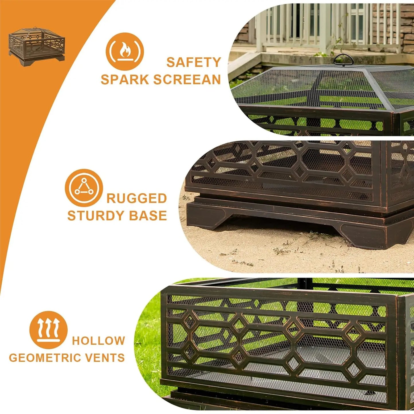 Wood Burning Outdoor Fire Pit Square Metal With Mesh Cover