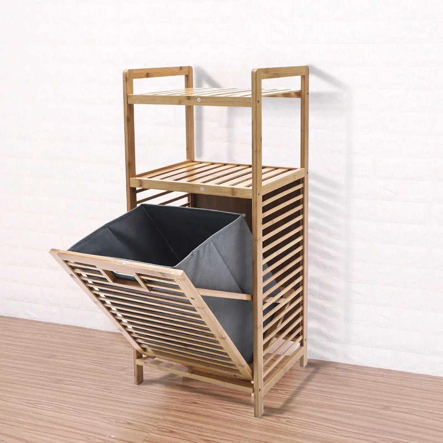 Tilt-Out Bamboo Laundry Hamper Cabinet With 2-Tier Shelf