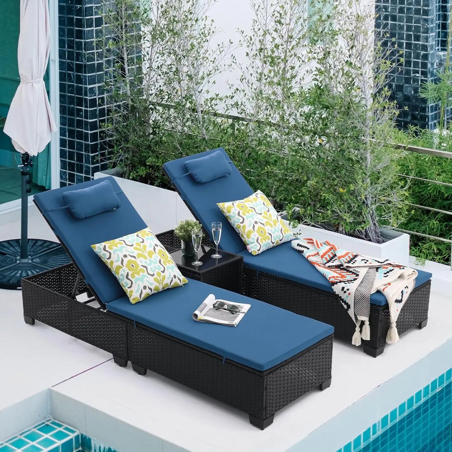 PE Wicker Adjustable Chaise Lounge Set of 3 with Table for Patio Pool Outdoor, Custom