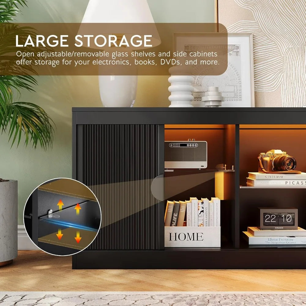 70" Fluted TV Stand Modern Entertainment Center with LED Lights, Adjustable Glass Shelves & Storage Cabinet, Media ConsoleCustom