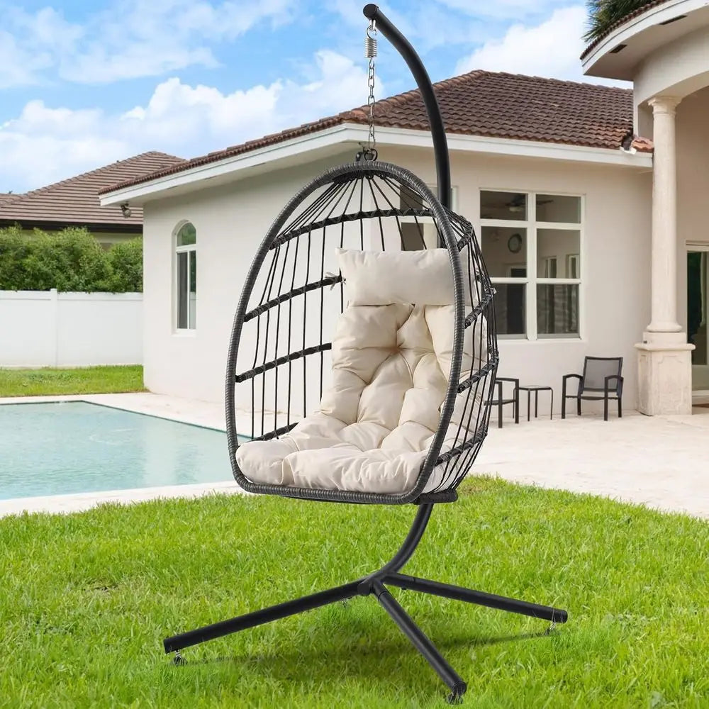 Egg Chair with Stand, Outdoor Hanging Swing Chairs, Indoor Hammock Egg Chair with Removable Cushion and Pillows, Patio Wicker Po