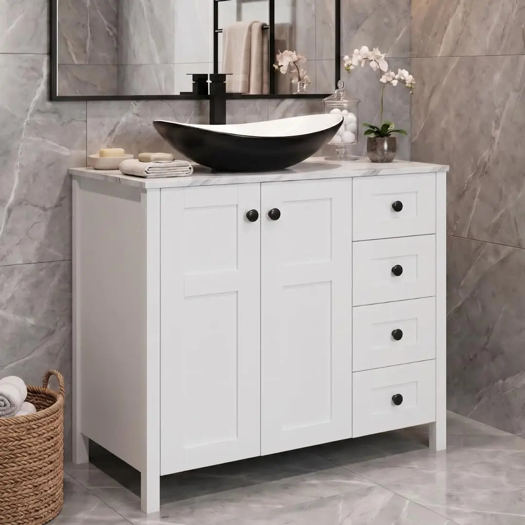 32 Inches White Bathroom Vanity with Marble Texture Top and 4 Drawers, with Marble Boat Ceramic Sink, Custom