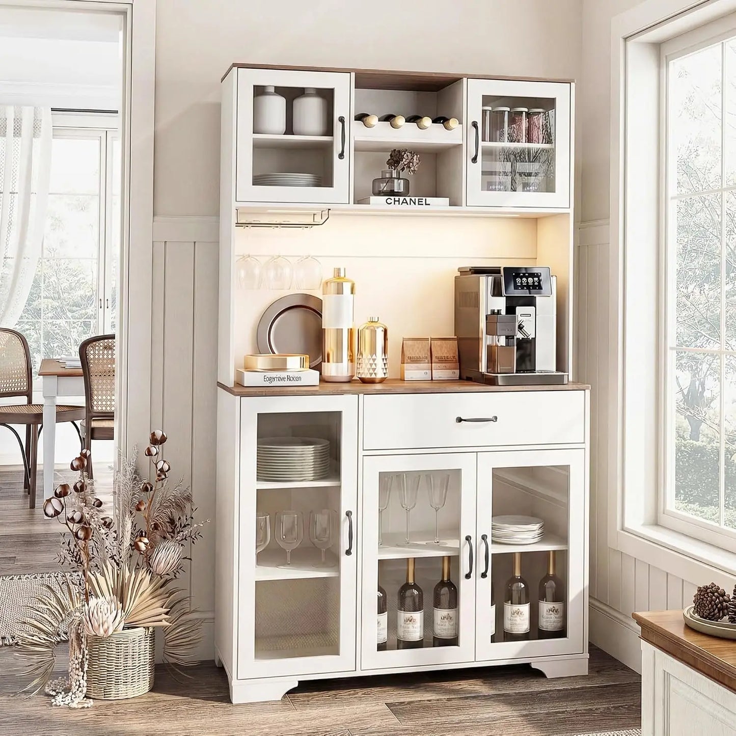 71" Tall Pantry Cabinet with Glass Doors, Kitchen Hutch Storage Cabinet, Coffee Bar & Liquor Cabinet with Charging, Customized