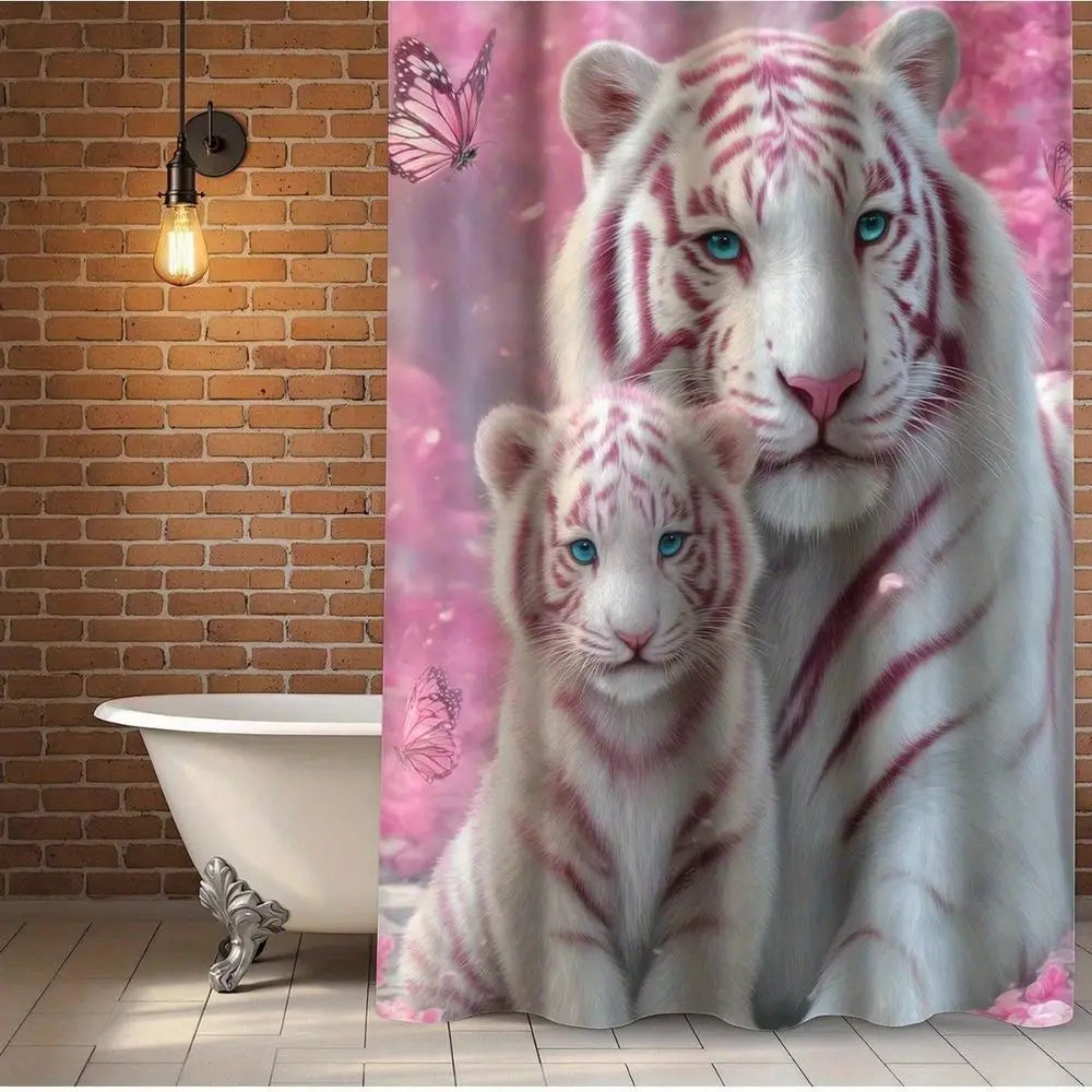 Tiger Shower Curtain Set With Non Slip Mat UShape Rug