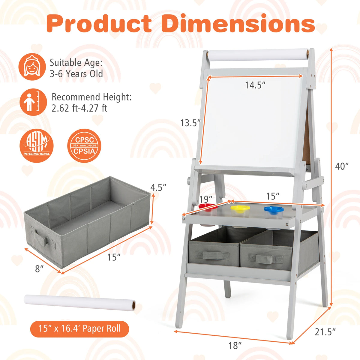 HOMASIS 3-in-1 Kids Art Easel with Magnetic Chalkboard and Whiteboard