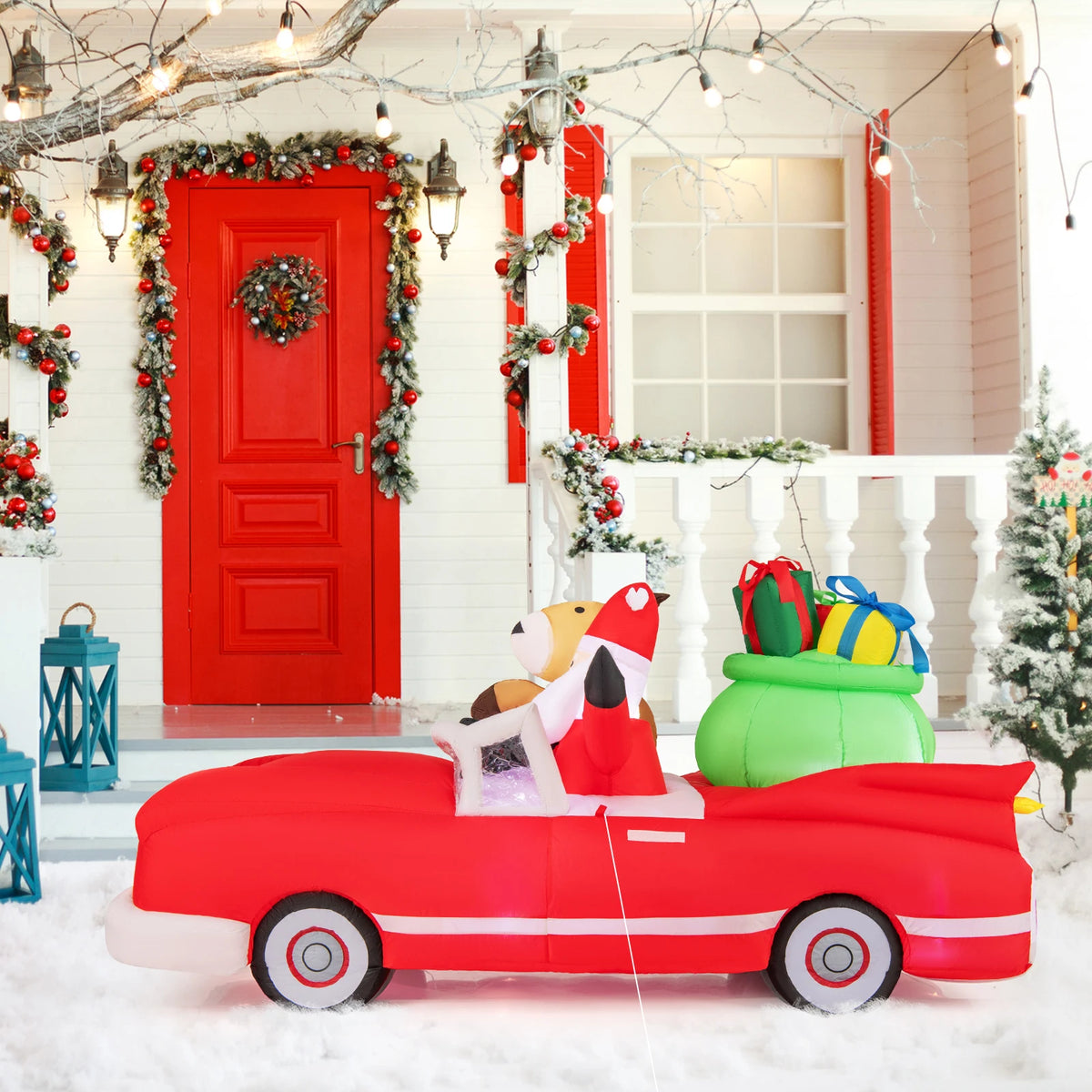 LIFEZEAL Lighted Christmas Inflatable Santa And Reindeer Driving Red Car