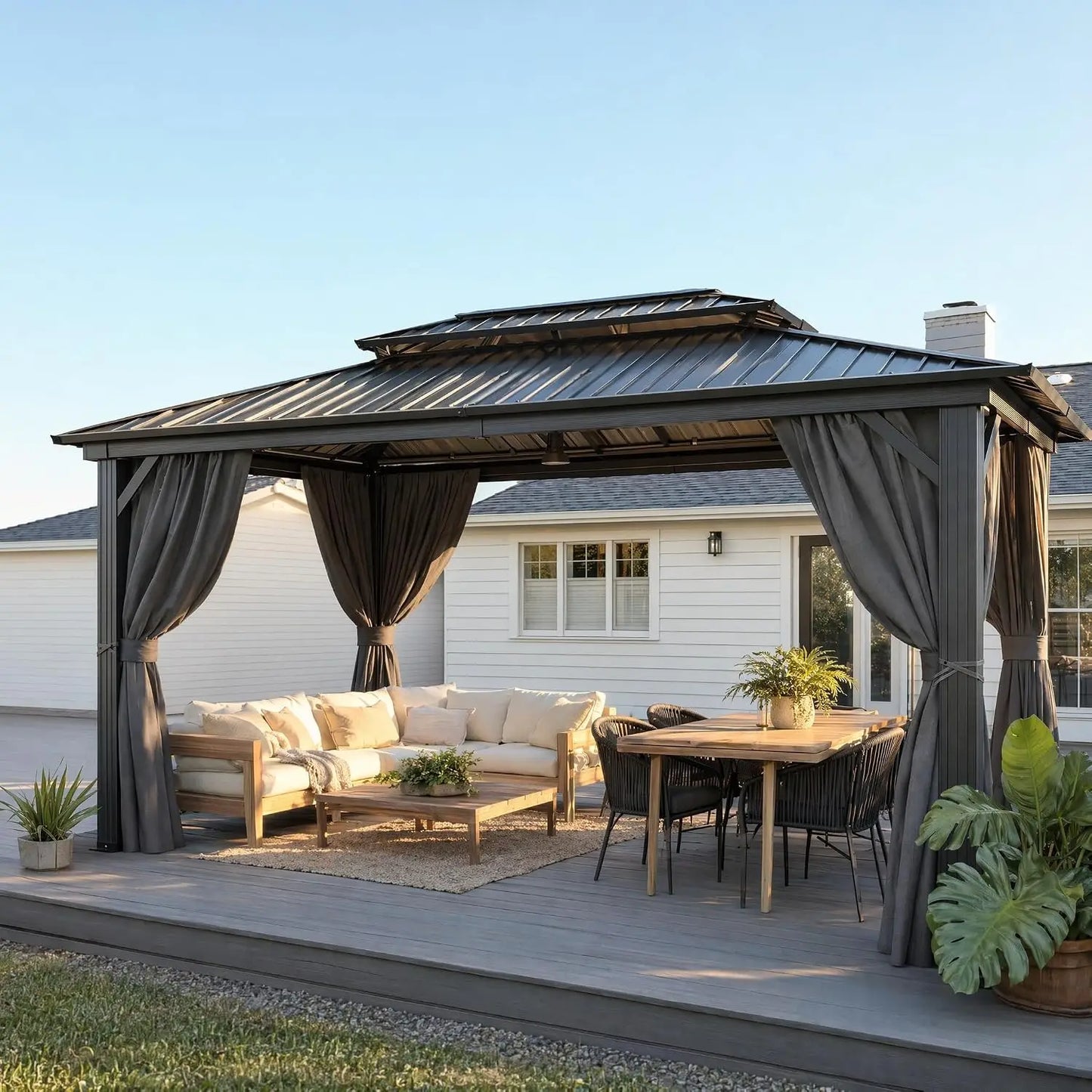 10x15 Hardtop Gazebo with Flame-Retardant Curtain & Netting, Hot Tub Gazebo with Galvanized Steel Double Roof, Heavy, Custom