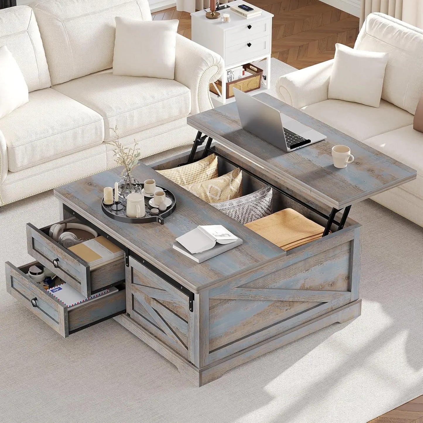39.4in Lift Top Coffee Table Hidden Compartment 2 Drawers Adjustable Shelf Living Room , Custom