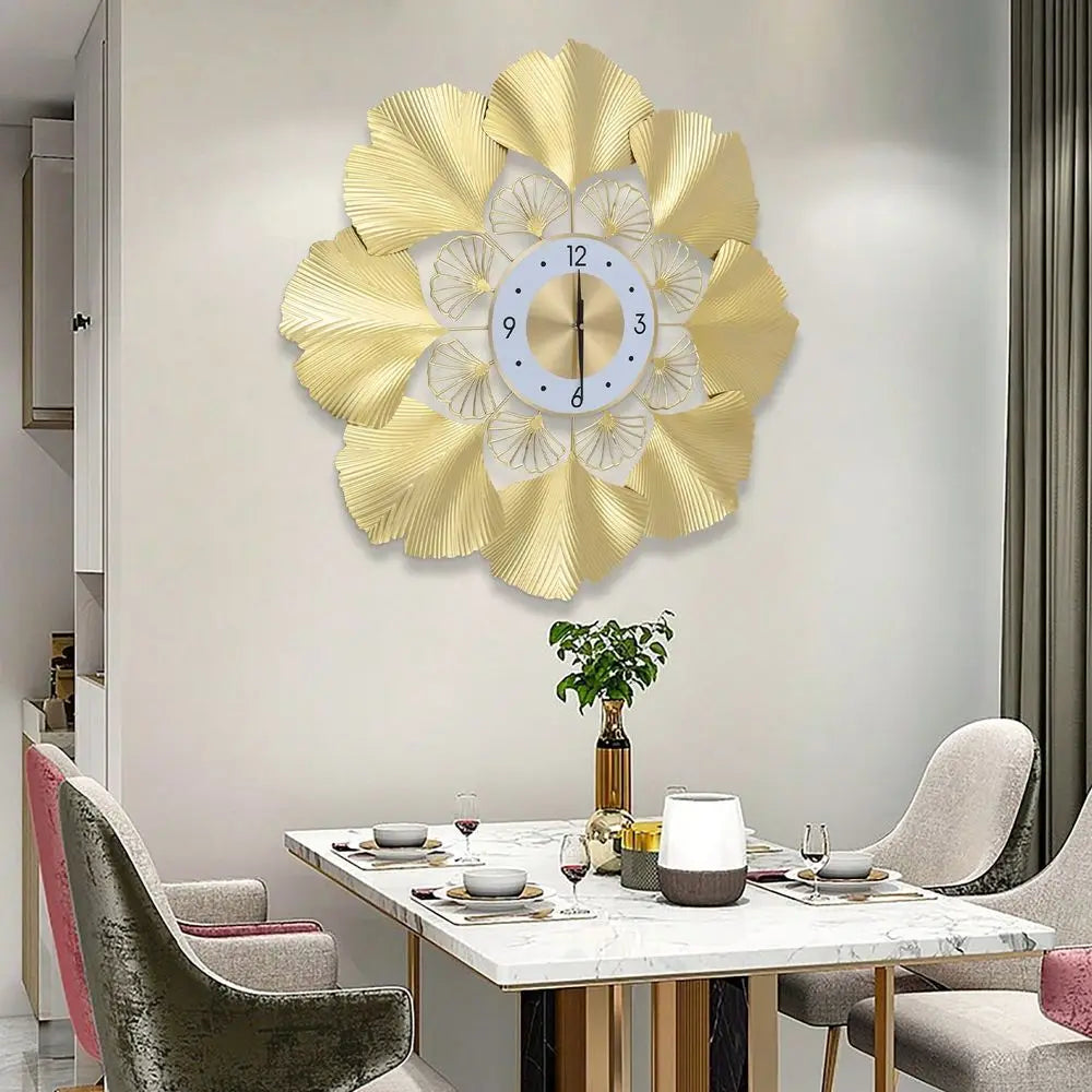 Ginkgo Biloba Wall Clock, 27.56 Inch 3D Creative Ginkgo Biloba Wall Clock, Gold Dial Design Silent Sweep Seconds Movement Digit