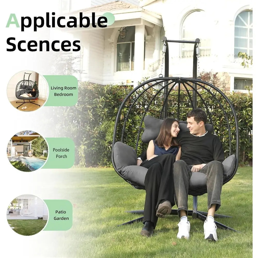 Double Egg Chair with Stand Hammock Swing Chair oldable Hanging Loveseat, UV Resistant Removable Cushions, 700LBS acity or Bedro