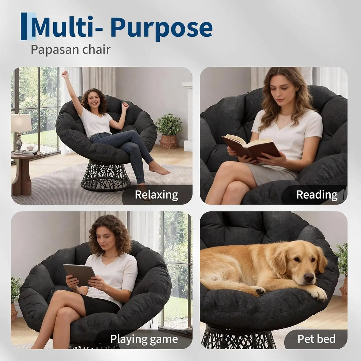 40 Inch Wicker Papasan Chair With 360° Swivel Base, 6-8 Inch Thick Cushion, Steel Frame Round Lounge Chair For Living Room Bedroom