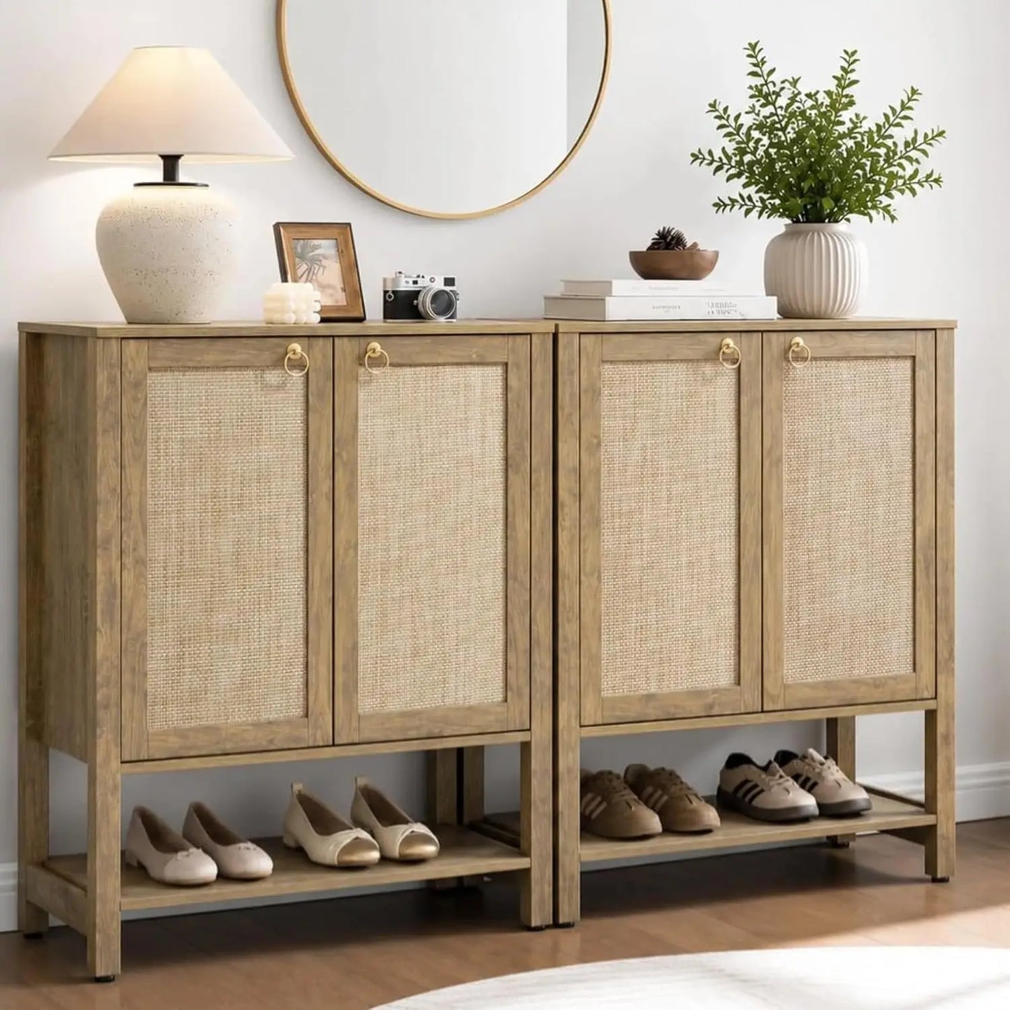 Shoe Storage Cabinet for Entryway - 5 Tier Rattan Entry Shoe Organizer Cabinet with Shelves & Doors, 2 Pieces, Customized