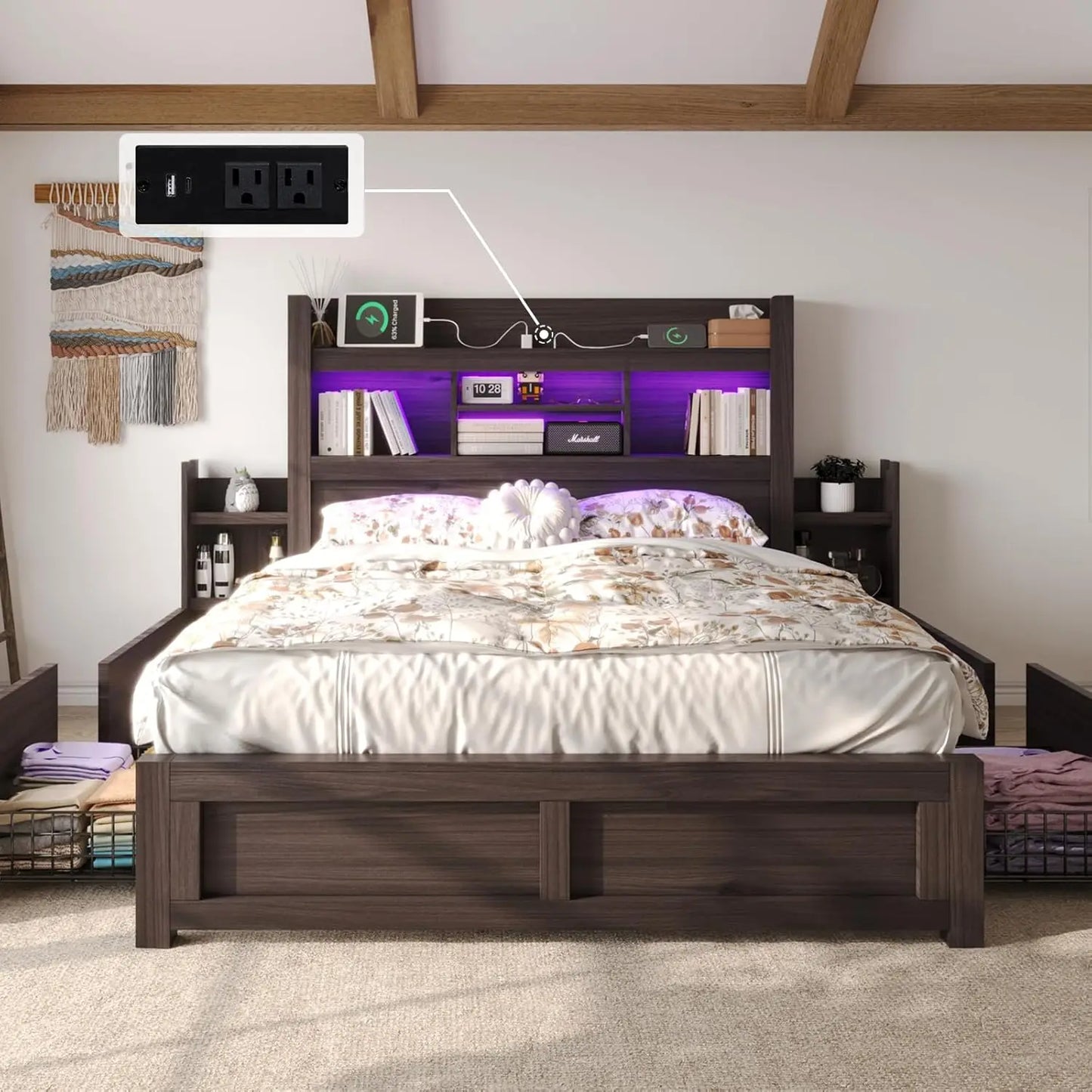Queen Bed Frame with 49.6" Bookcase Headboard & 2 Detachable Bedside Stoage Racks & 4 Drawers, Farmhouse Wood Bed Frame, Custom