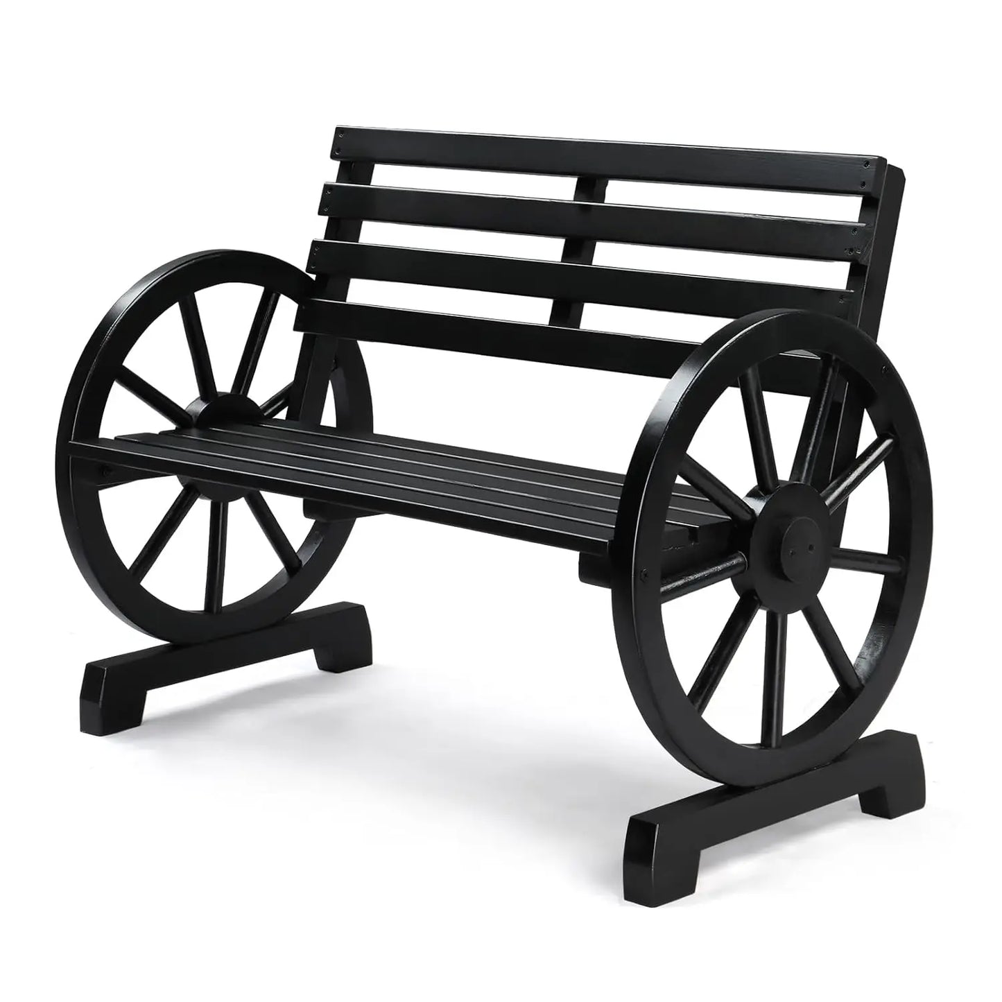 Rustic Firwood Outdoor Bench 2 Person Wagon Wheel Slatted Seat