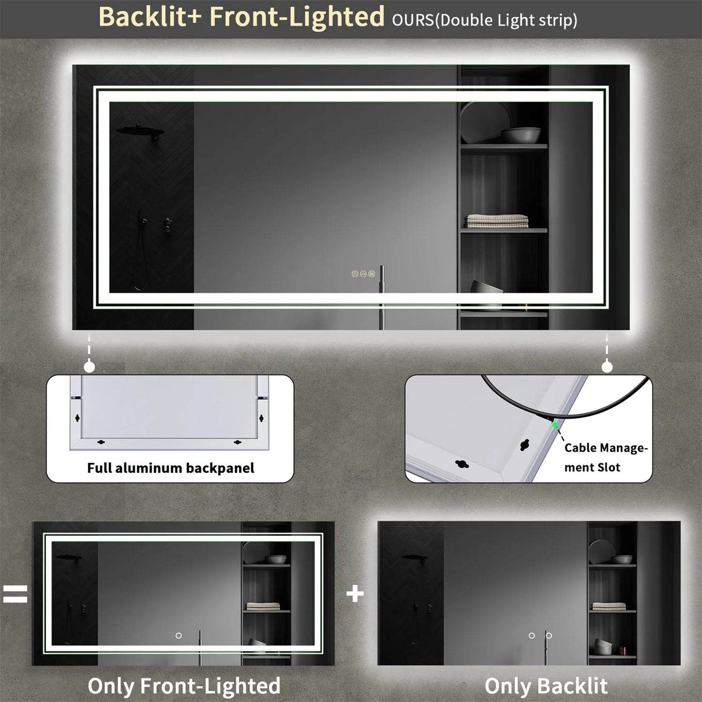 63" x 32" Extra Large LED Light Backlit Bathroom Mirror Dual Lights Makeup Anti-Fog Memory 3 Colors Dimmable With Touch Button