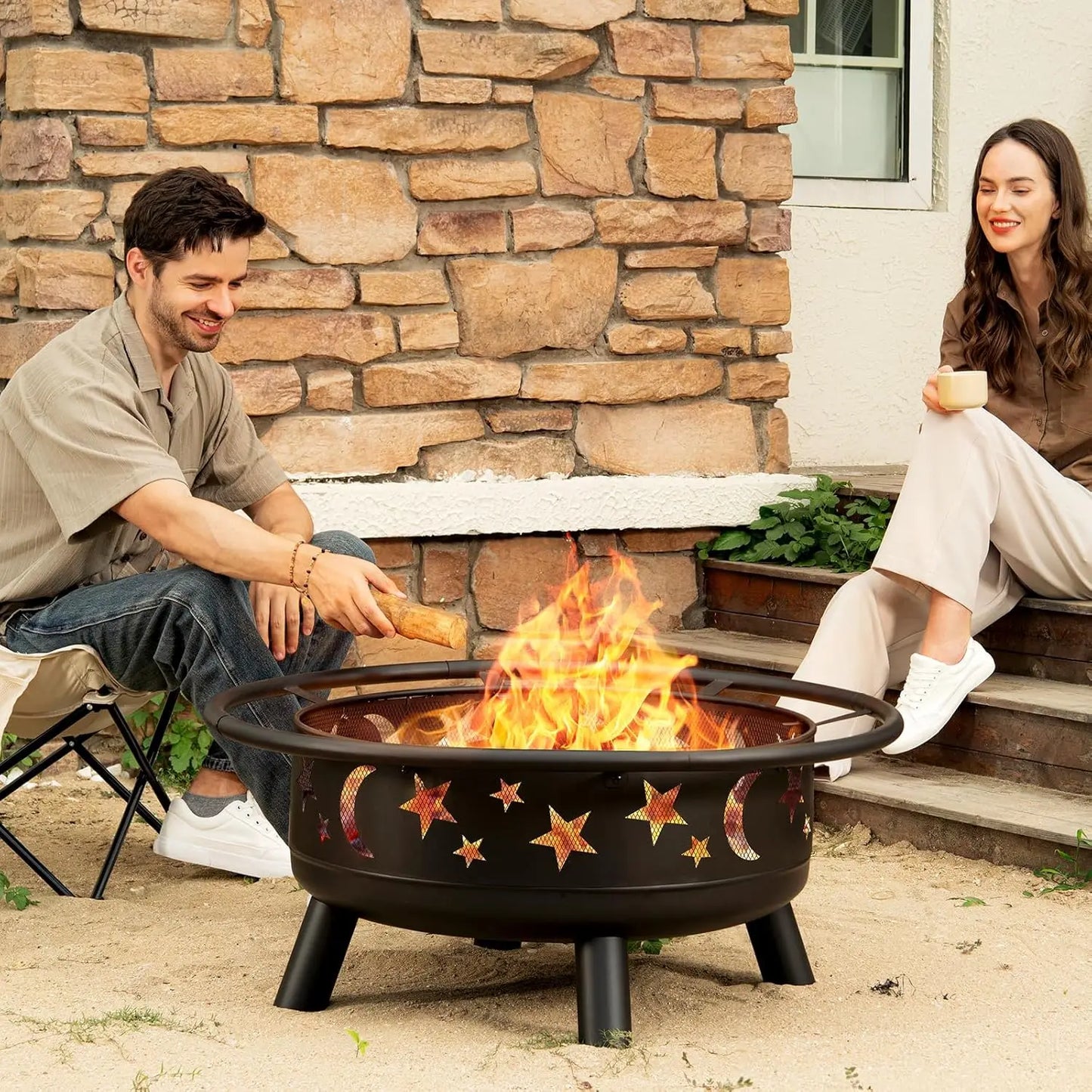 Fire Pit Star Moon Design Outdoor Metal Wood Burning