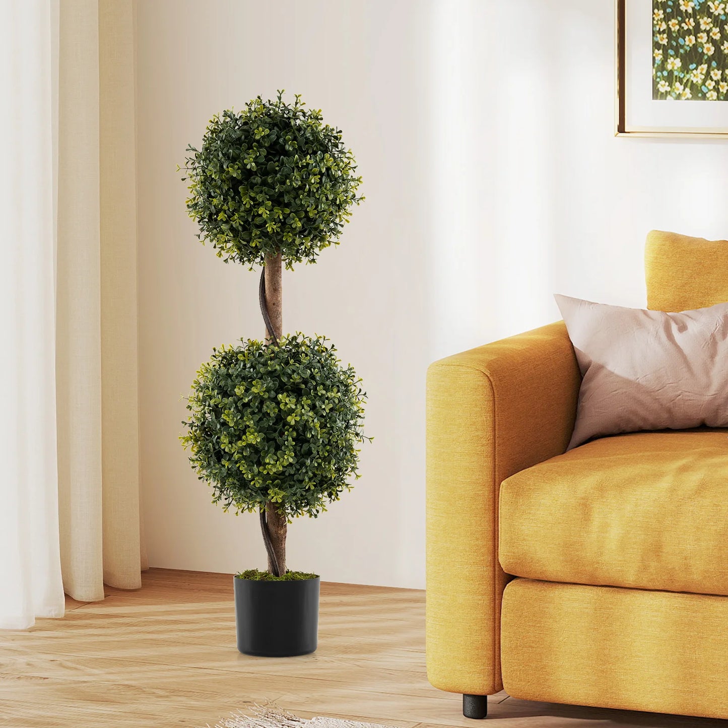 Set of 2 Artificial Double Topiary Ball Trees 3 FT Faux Boxwood Topiary Tree