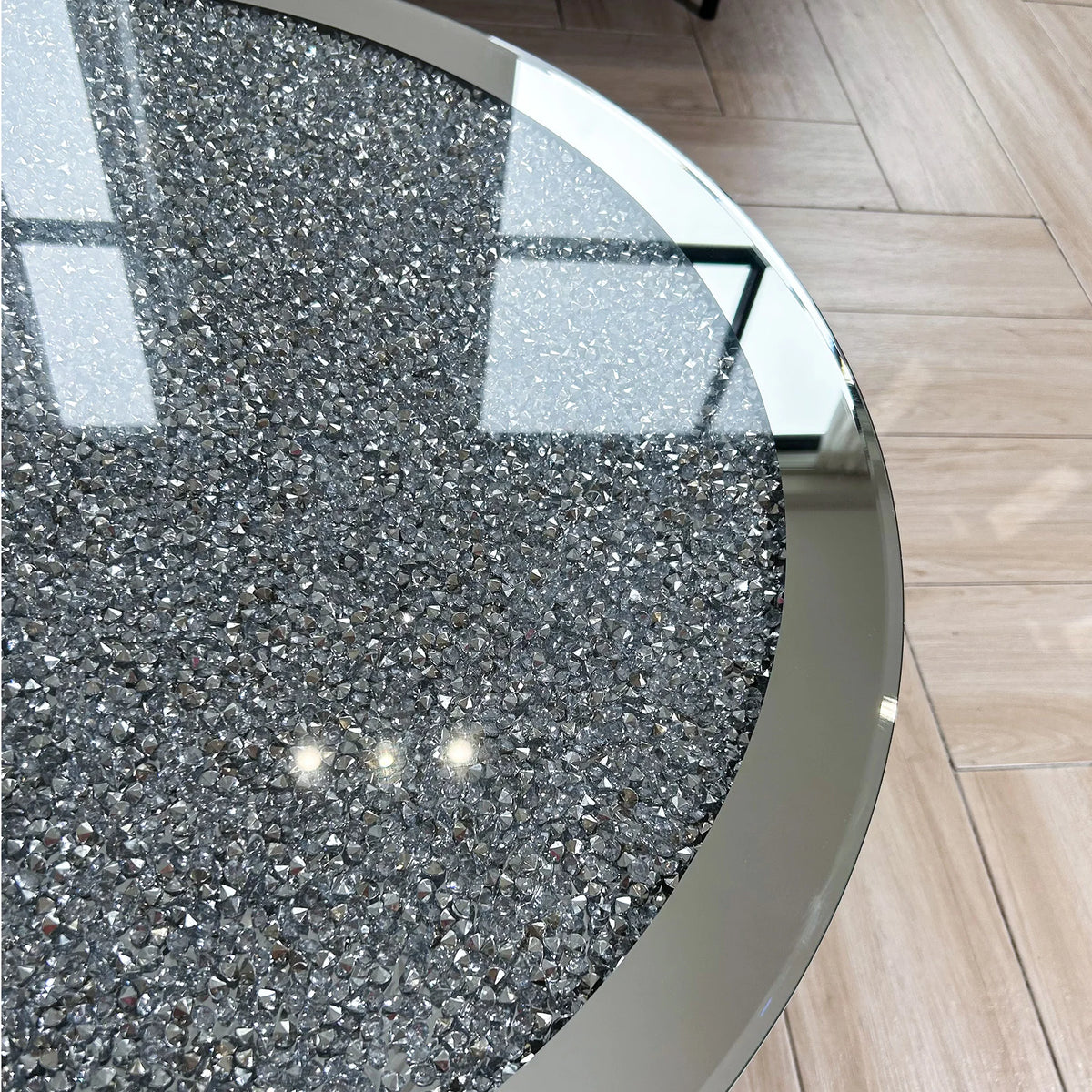 Modern Round Mirrored Coffee Table With Crystal Glass Inlay