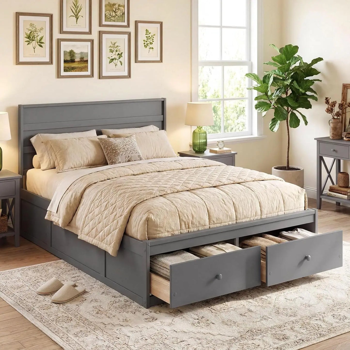 Full Storage Platform Bed Frame with Headboard Wooden Slat Support Enclosed Base No Box Spring Needed White Full, Custom