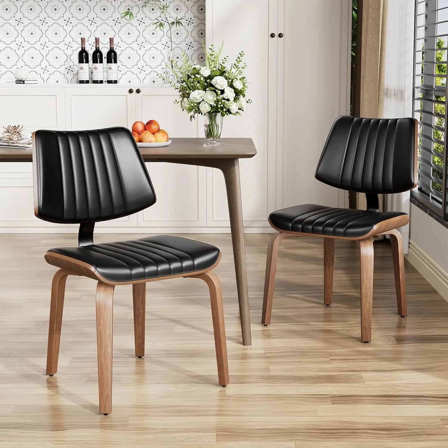 Mid Century Upholstered Faux Leather Dining Chairs Set 2 Ergonomic Curved Walnut Bentwood Back Kitchen Living Room, Custom