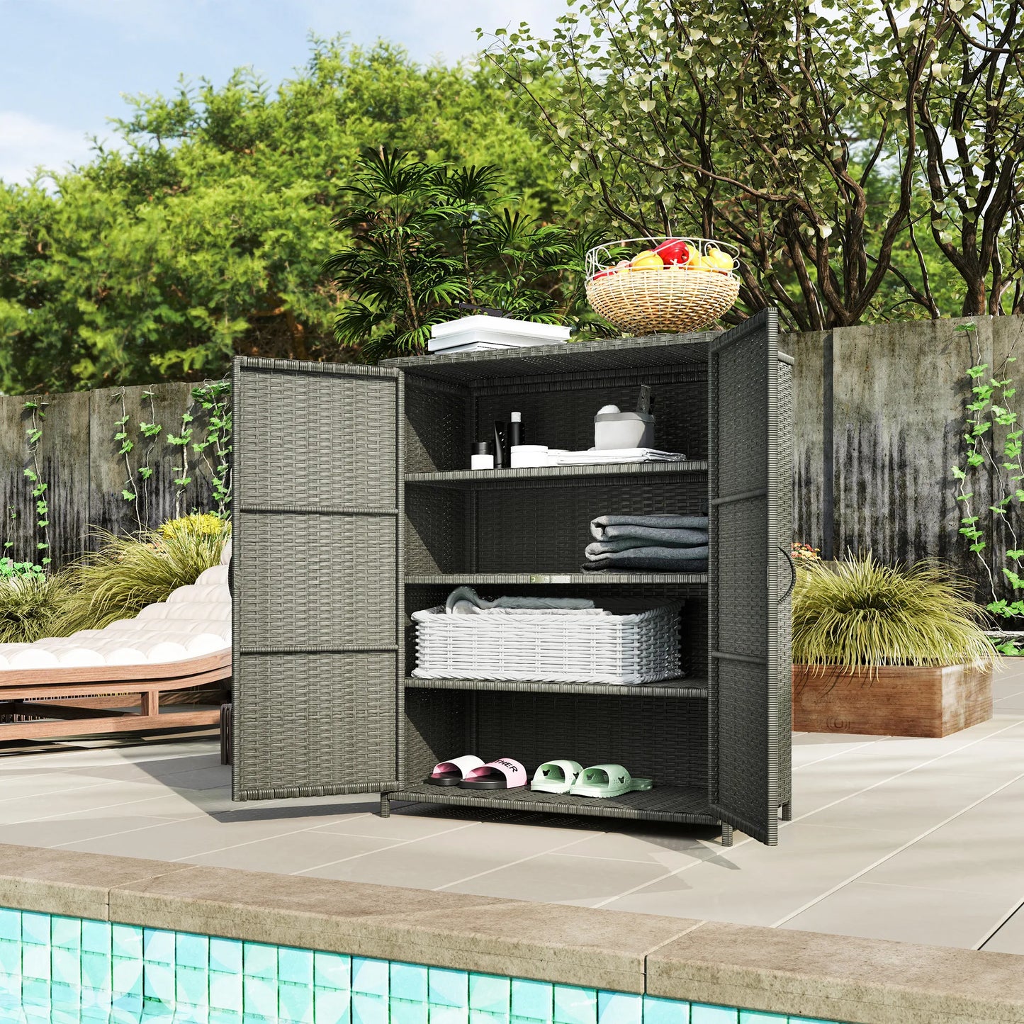 Outsunny Wicker Outdoor Storage Cabinet with Shelves, 2 Doors, Dark Gray