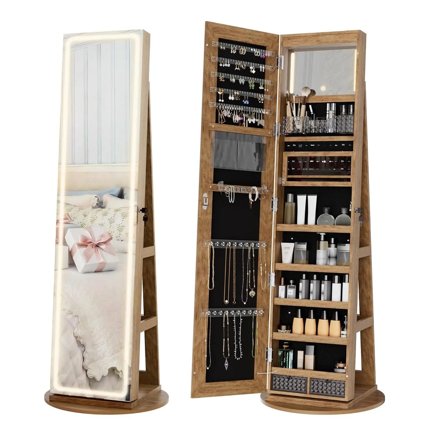 360° Swivel Jewelry Mirror Cabinet, Lockable Standing Jewelry Armoire with Full Length Mirror, Storage Shelves,, Custom