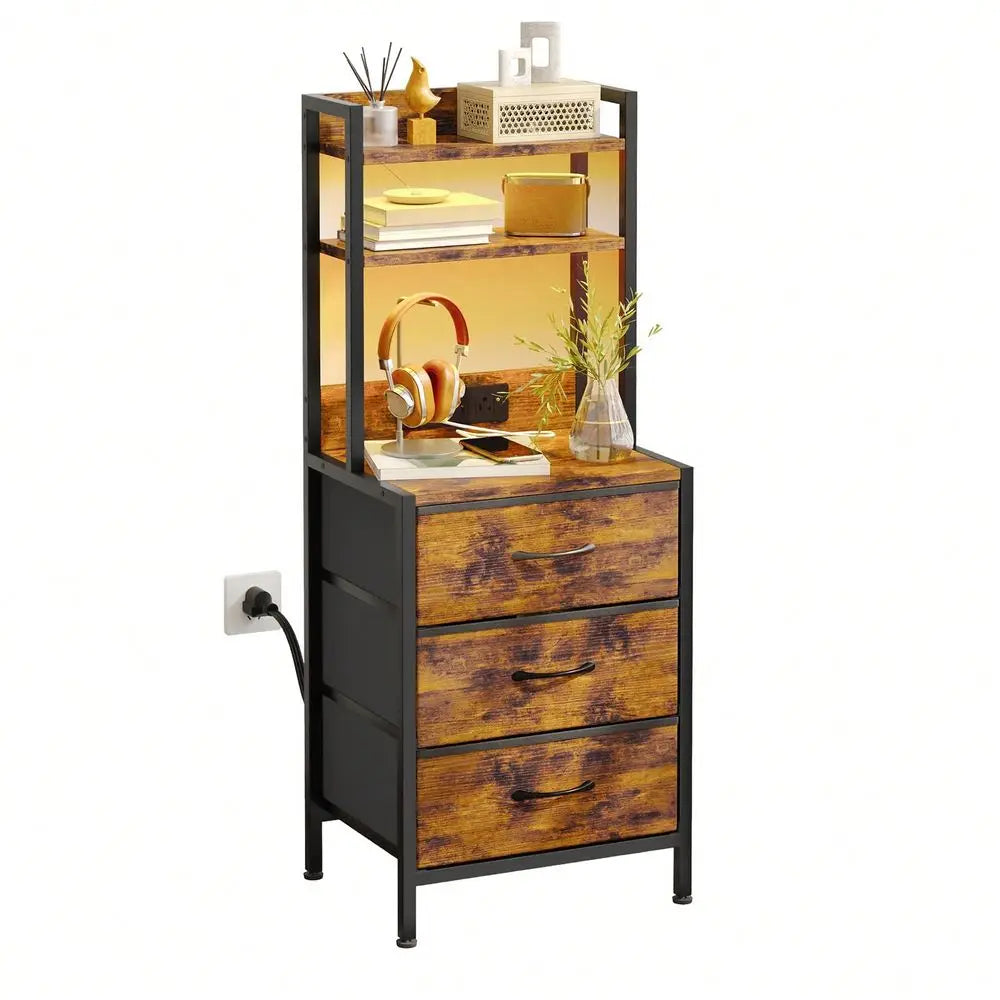 Tomnk 41 Inch Tall End Table With Charging Station & Light, 3-Drawer Fabric Nightstand With & Outlet, Multi-Level Bedsid